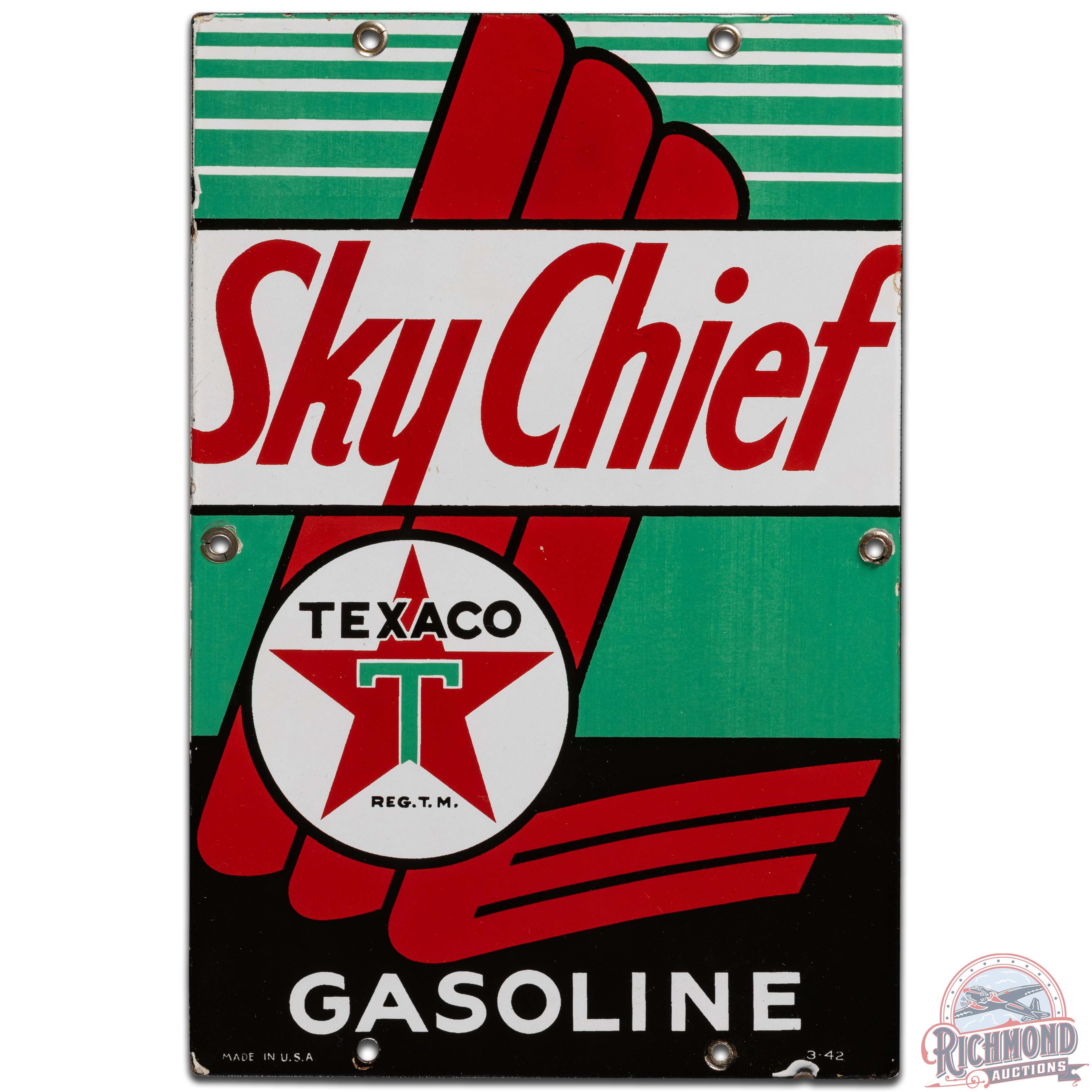 1942 Texaco Sky Chief Gasoline SS Porcelain Gas Pump Plate Sign "Small"