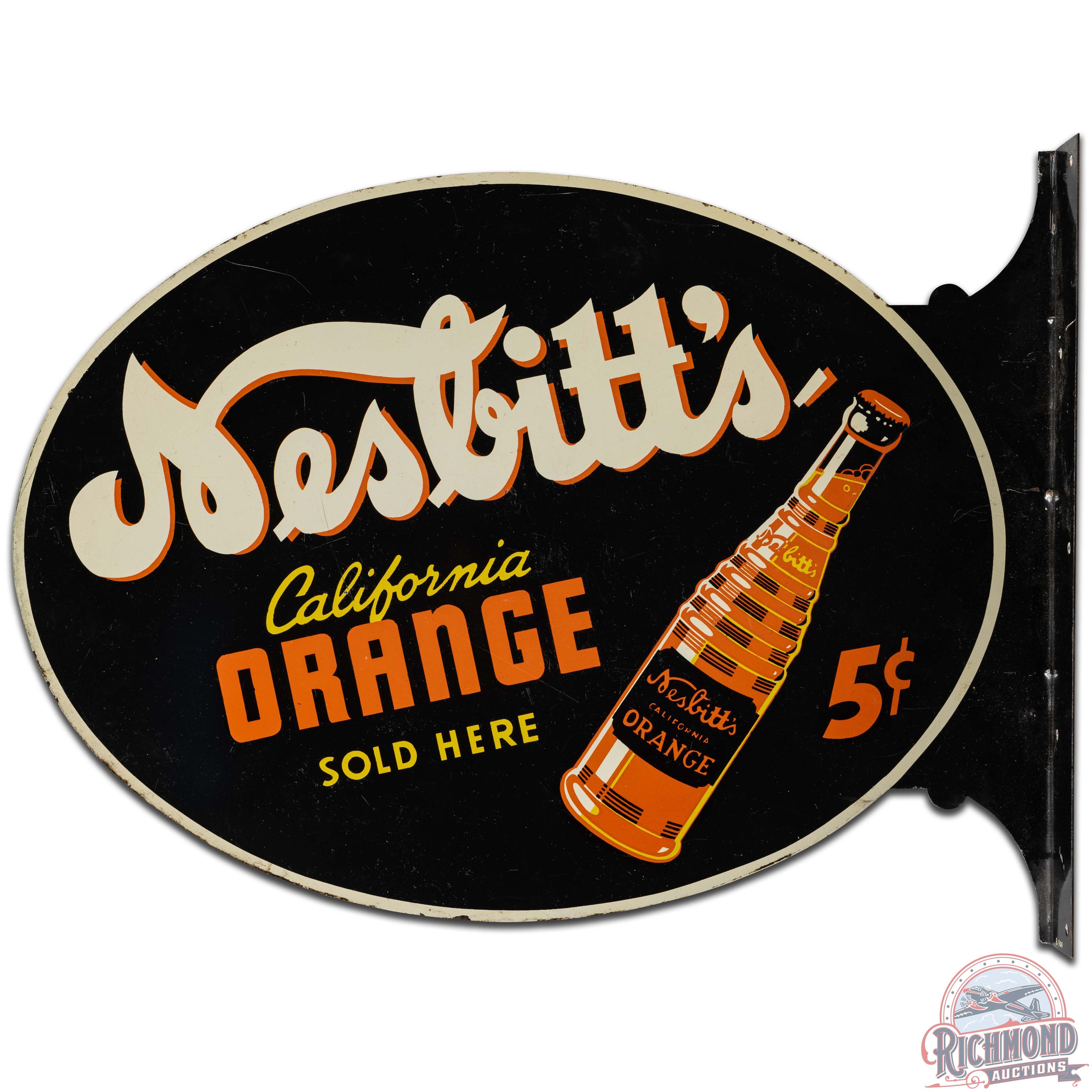 Nesbitt's California Orange Sold Here 5 Cents DS Tin Flange Sign w/ Bottle