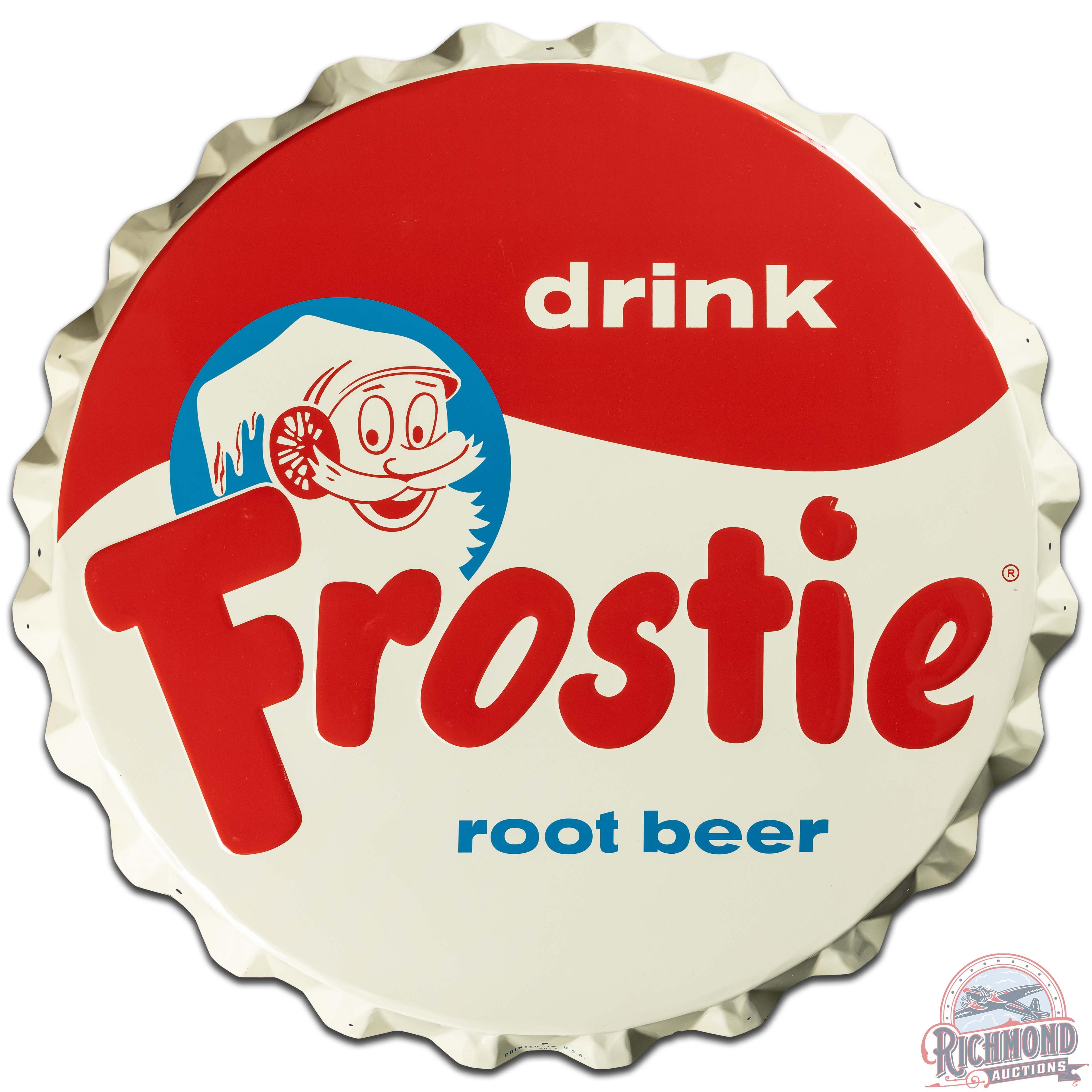 NOS Drink Frostie Root Beer Embossed Bottlecap Sign w/ Paper