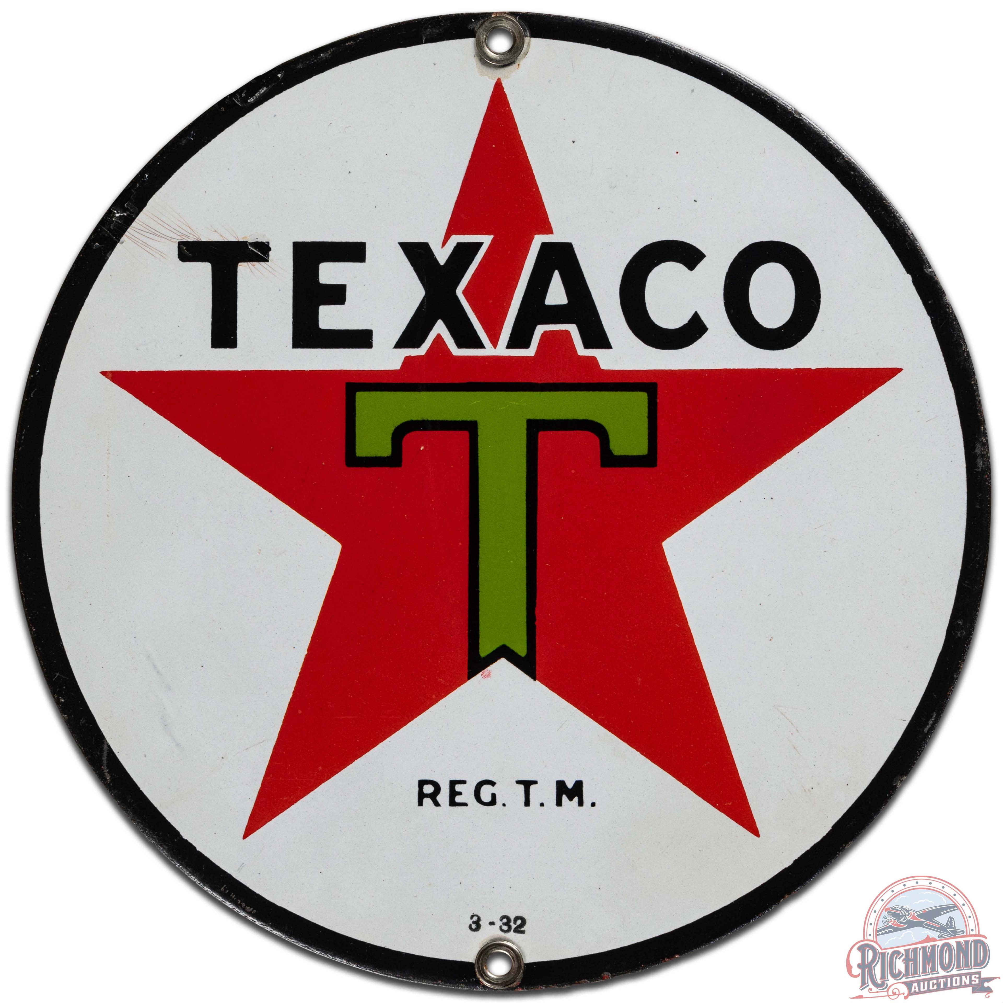 1932 Texaco Motor Oil 8" SS Porcelain Sign "Black T"
