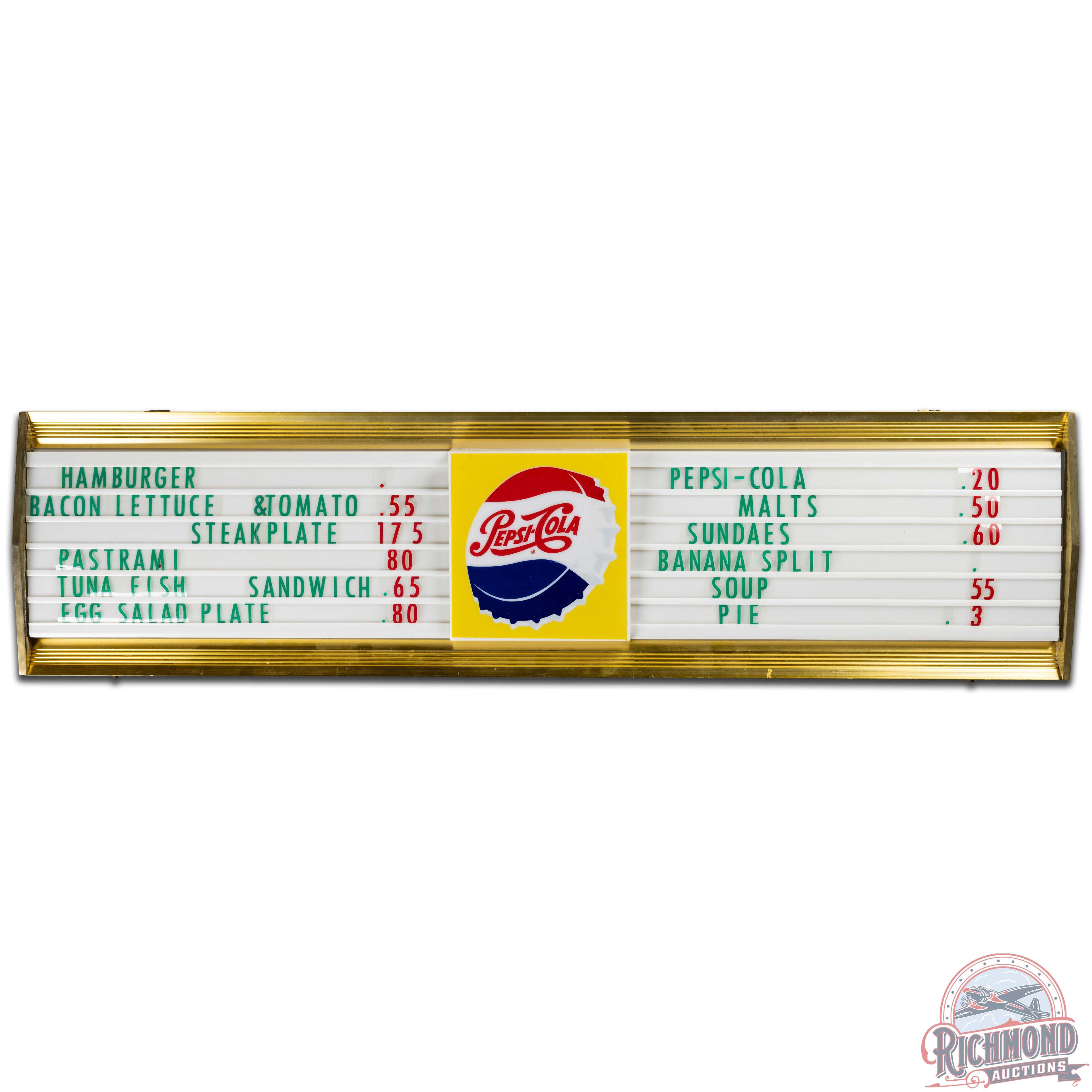 Pepsi Cola Lighted Menu Board Sign w/ Bottlecap Logo