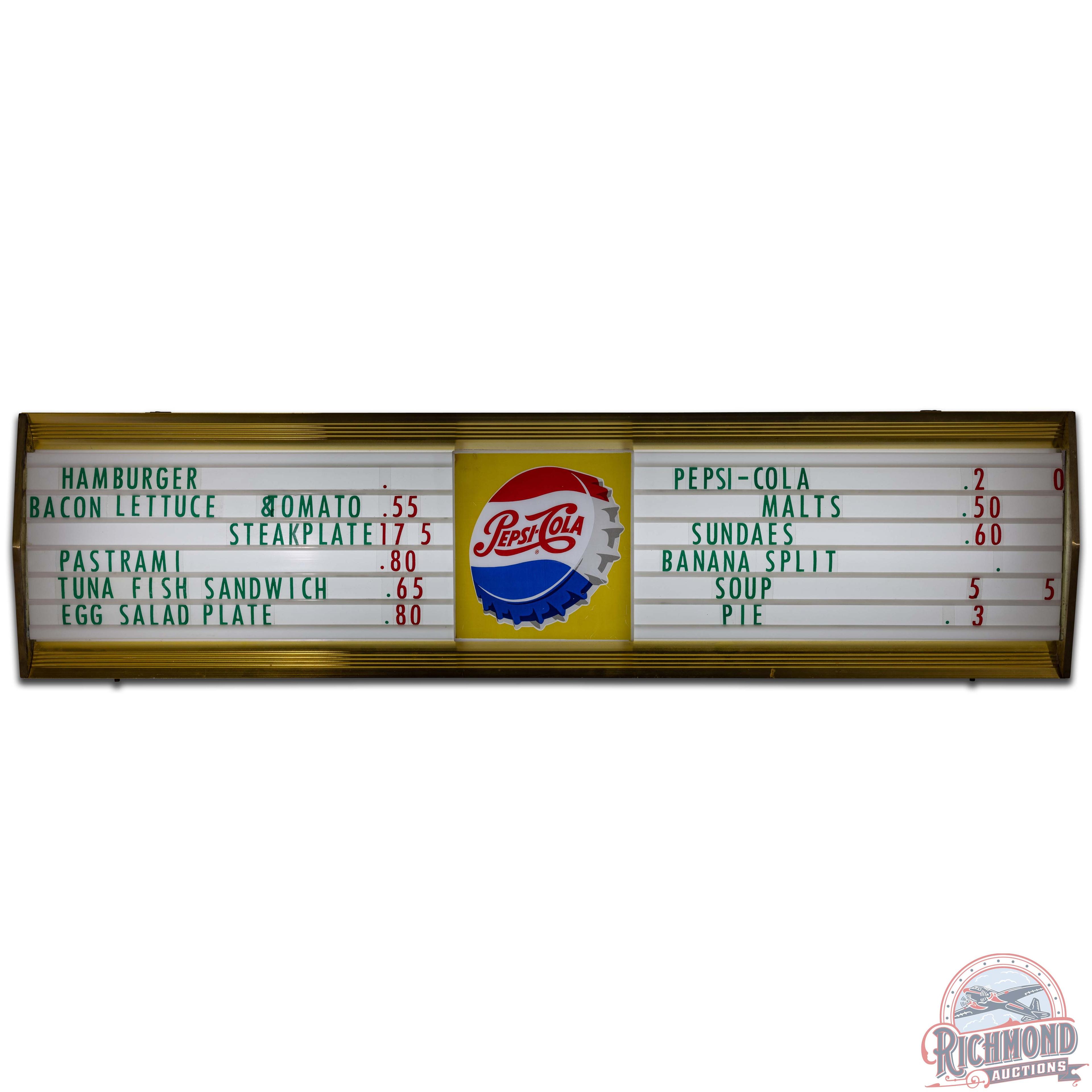 Pepsi Cola Lighted Menu Board Sign w/ Bottlecap Logo