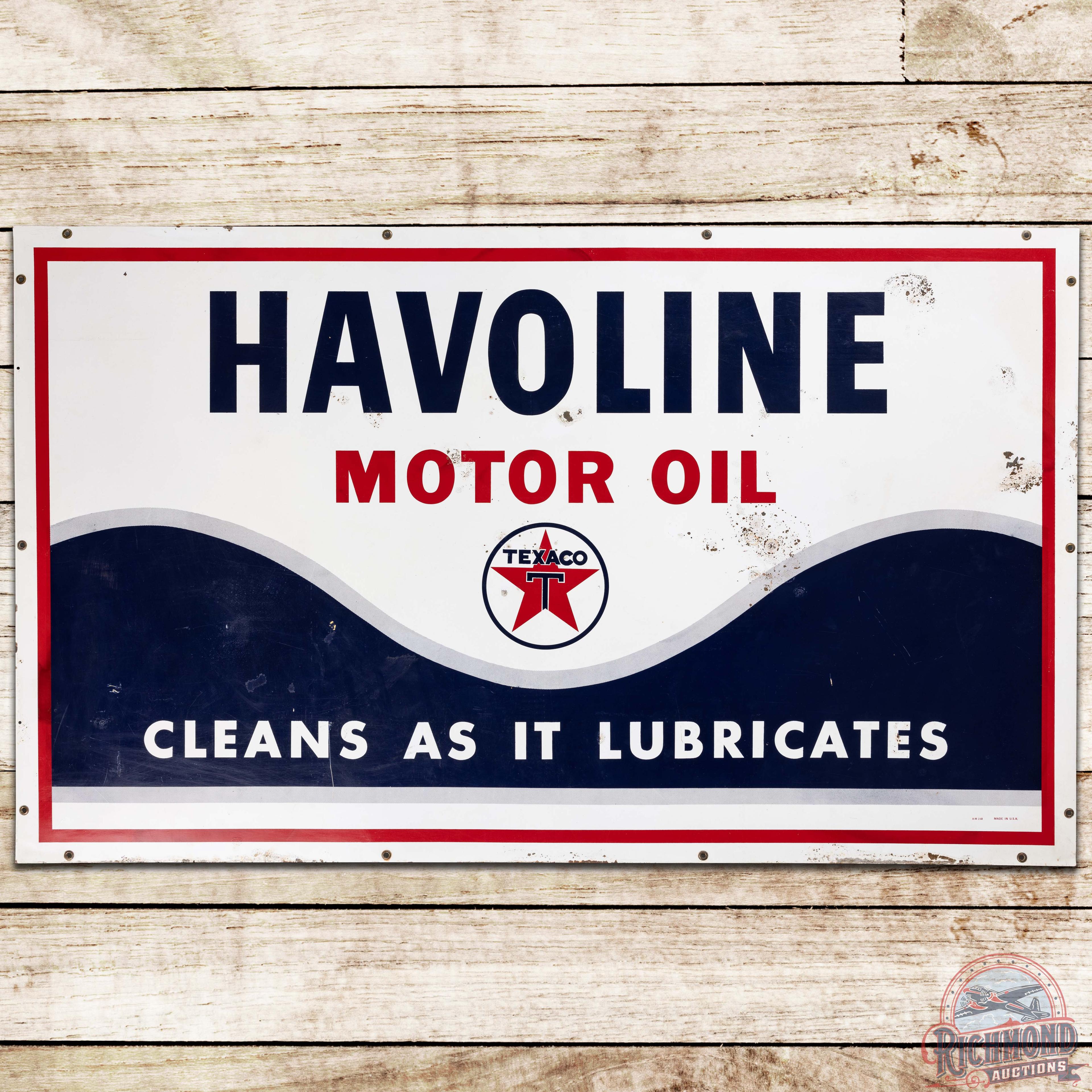 1968 Havoline Motor Oil "Cleans as it Lubricates" SS Tin Sign w/ Logo