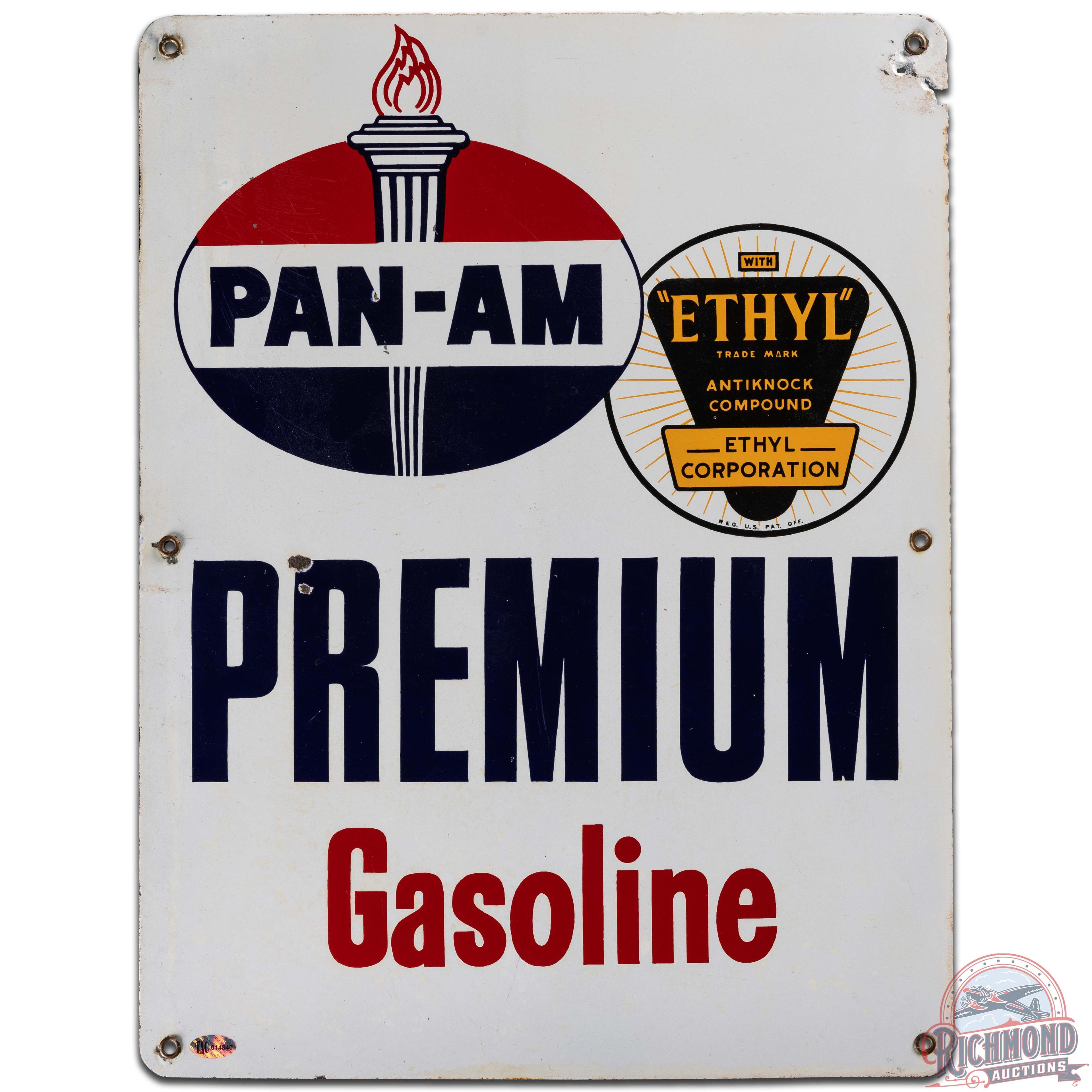 Pan-am Premium Ethyl Gasoline SS Porcelain Pump Plate Sign w/ Logo