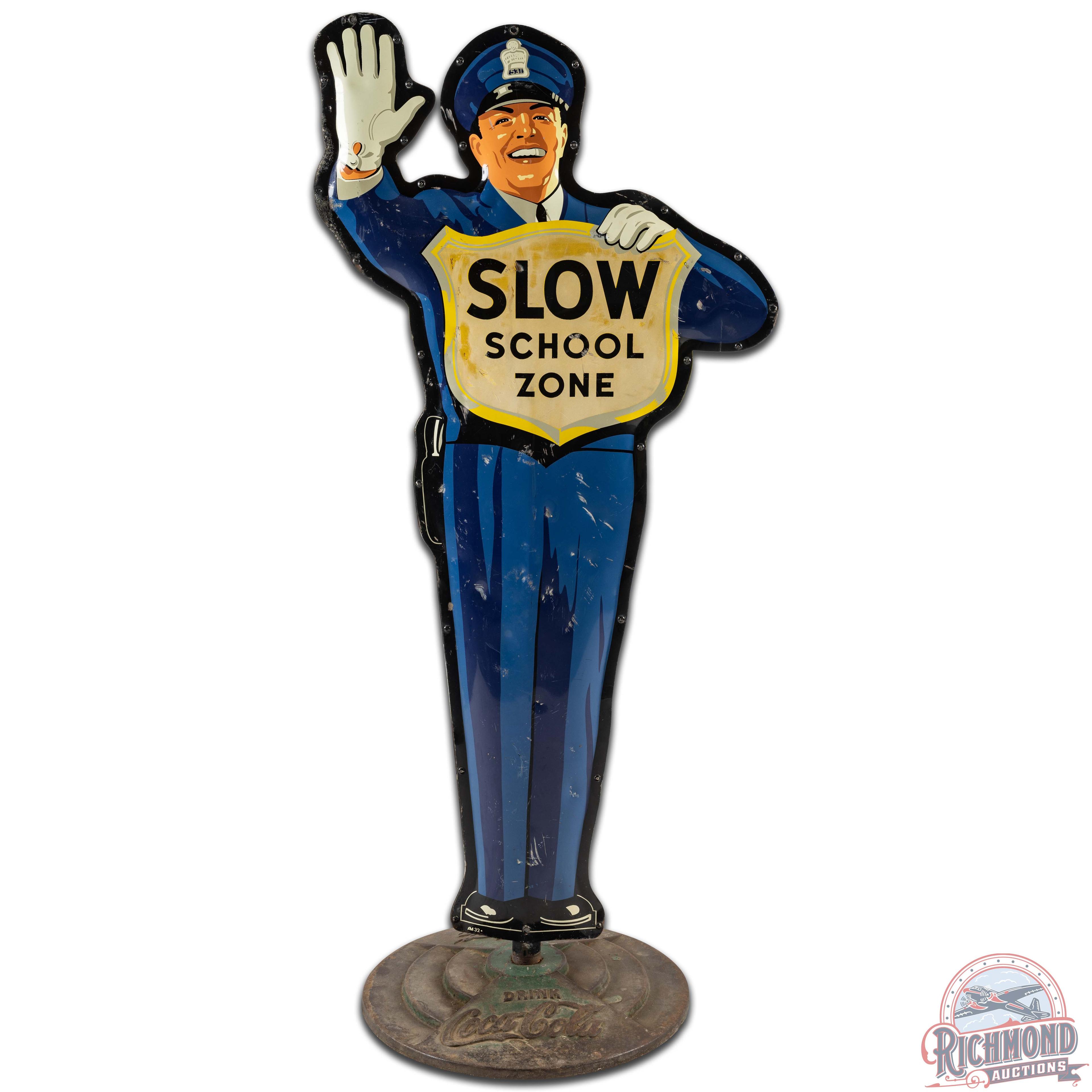 Coca Cola Slow School Zone Policeman Resume Speed DS Tin Curb Sign