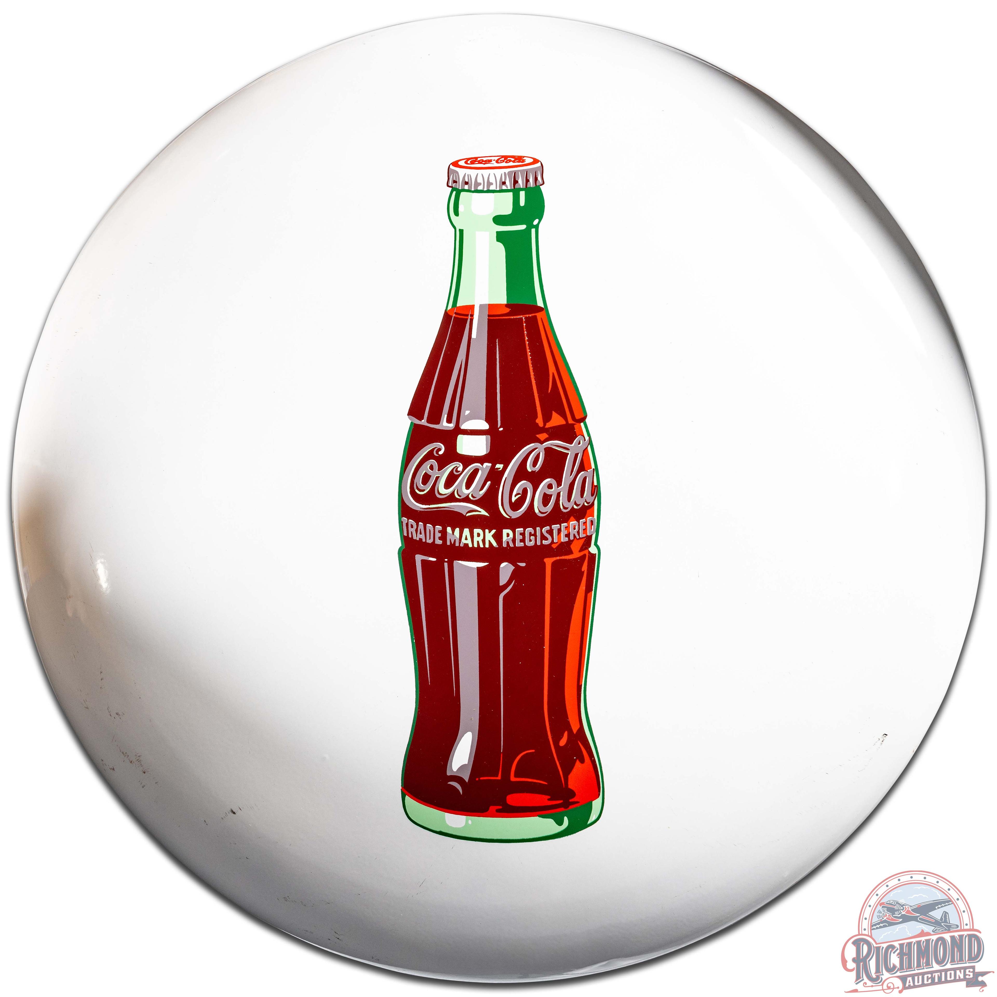 Coca Cola 36" SS Porcelain White Button Sign w/ Bottle