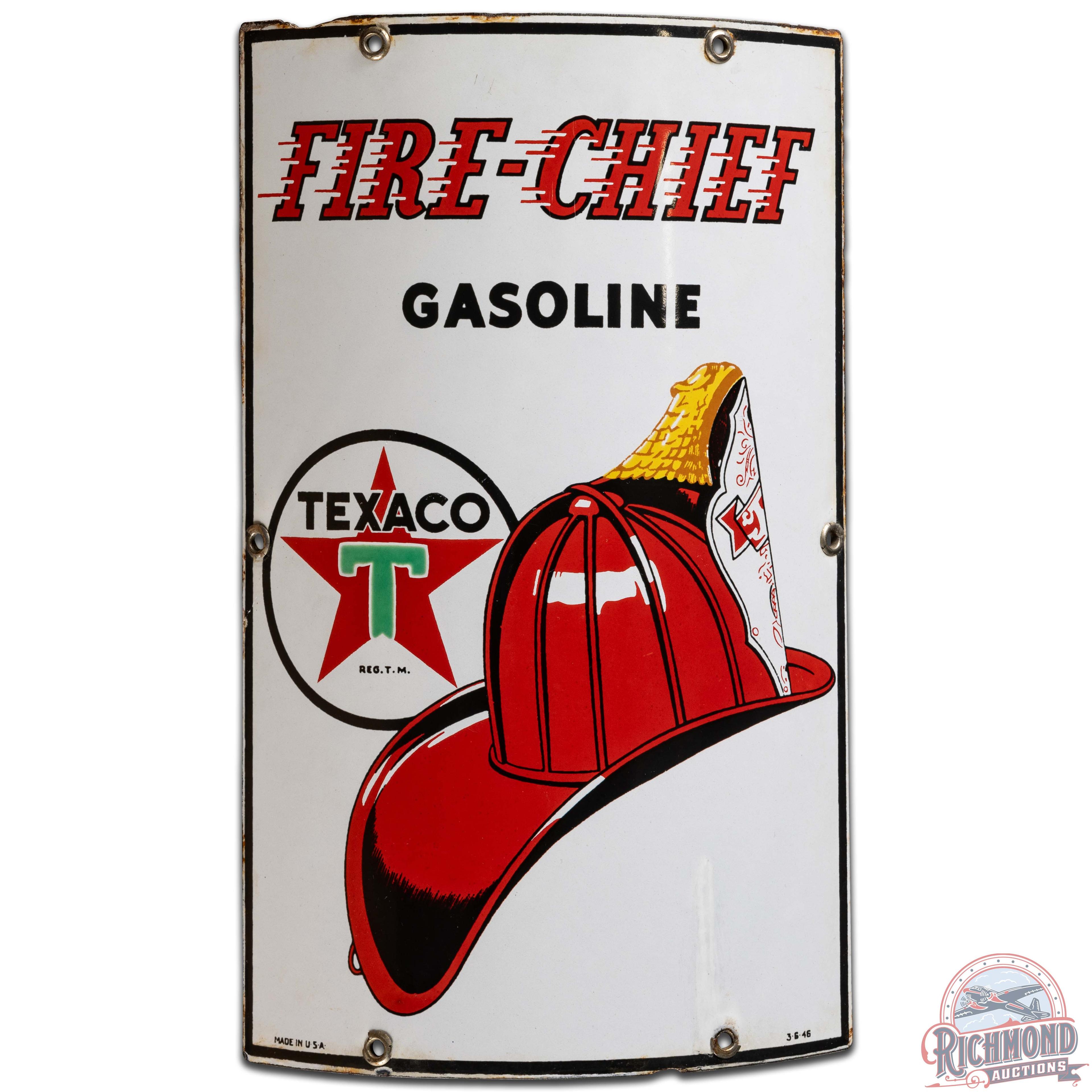 1946 Texaco Fire Chief Gasoline Curved SS Porcelain Gas Pump Plate Sign "Small"