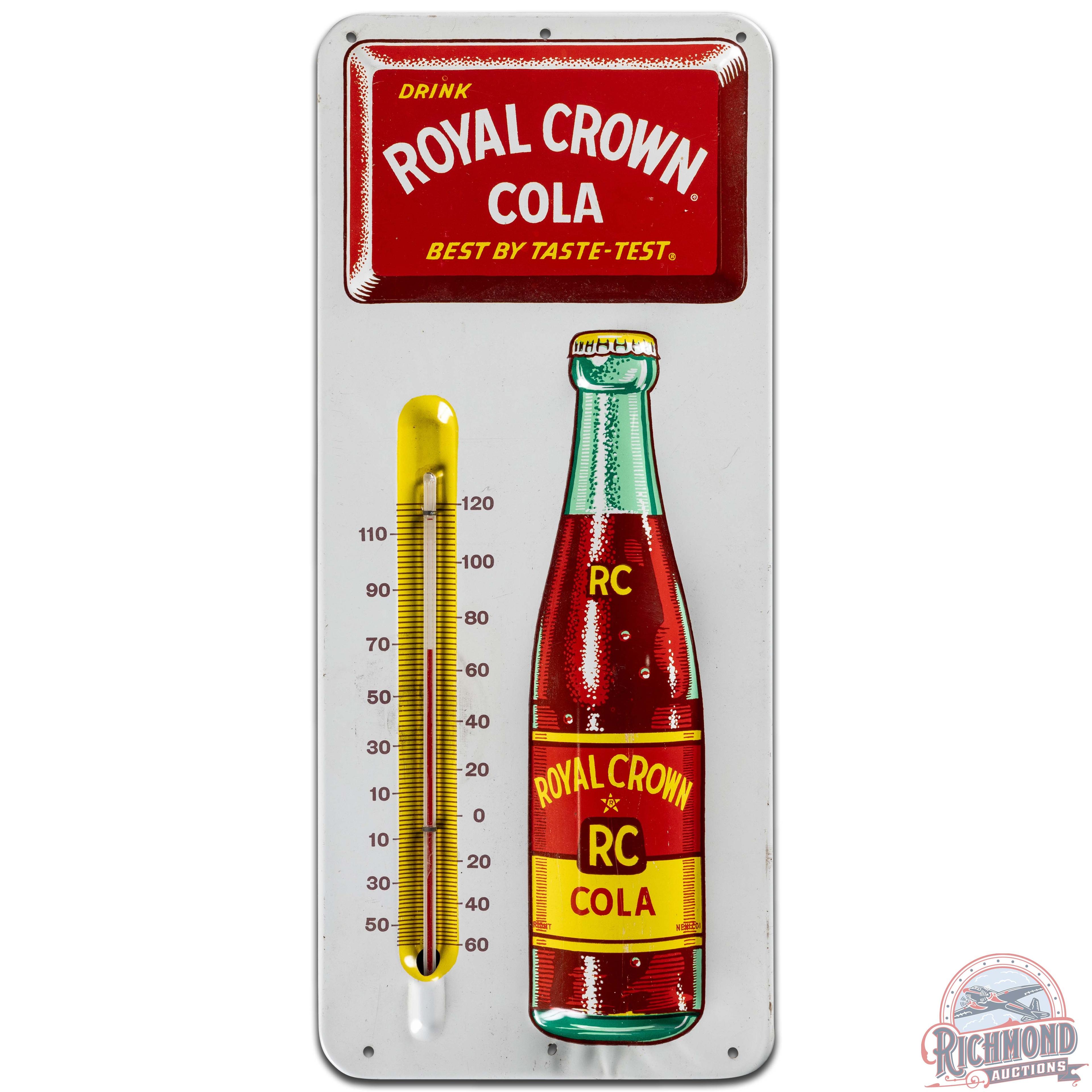 Drink RC Royal Crown Cola Embossed SS Tin Thermometer w/ Bottle