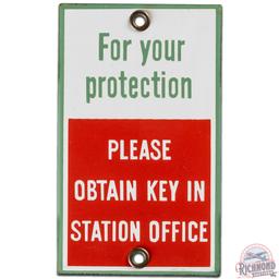 NOS Associated Obtain Key in Station Office SS Porcelain Door Push Sign