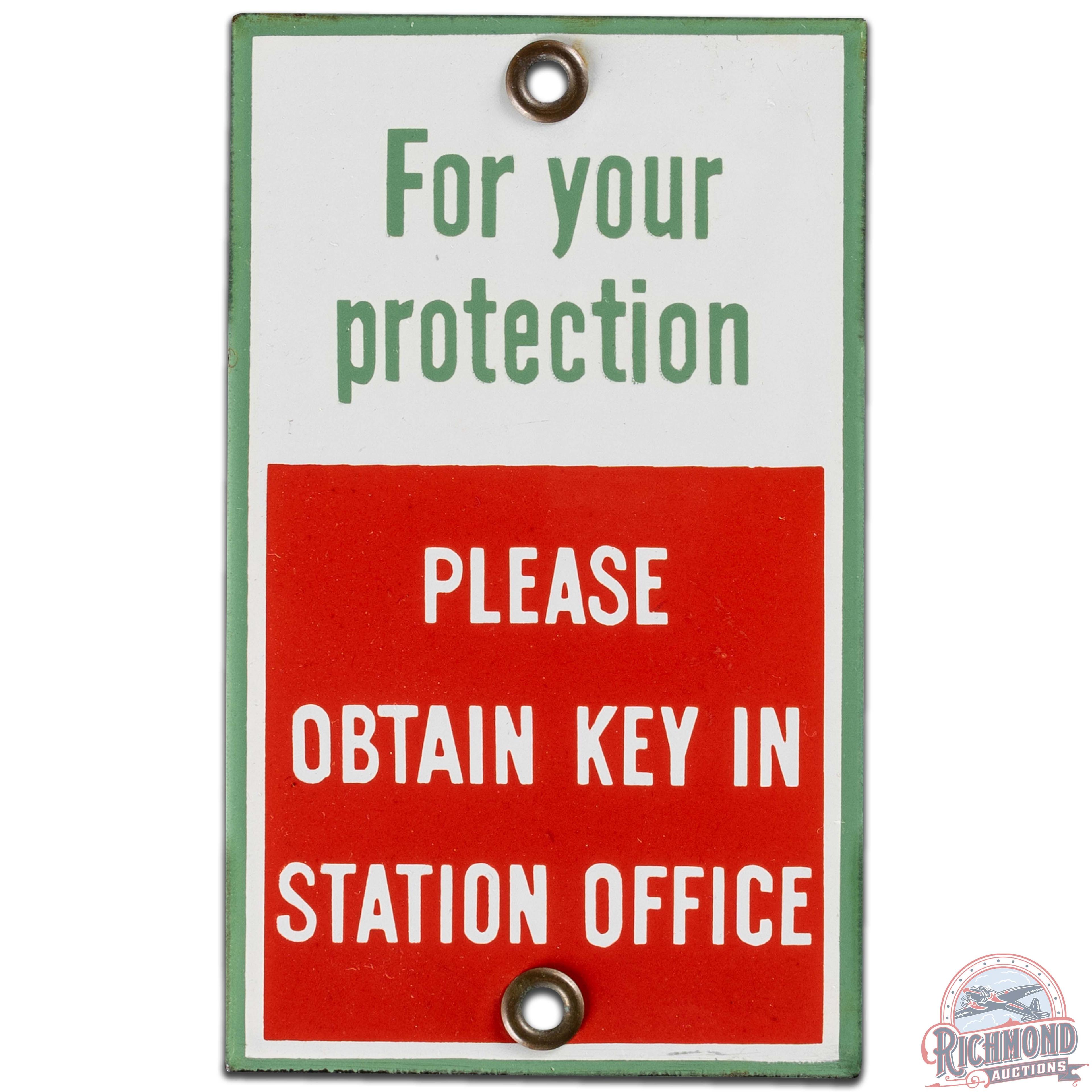 NOS Associated Obtain Key in Station Office SS Porcelain Door Push Sign