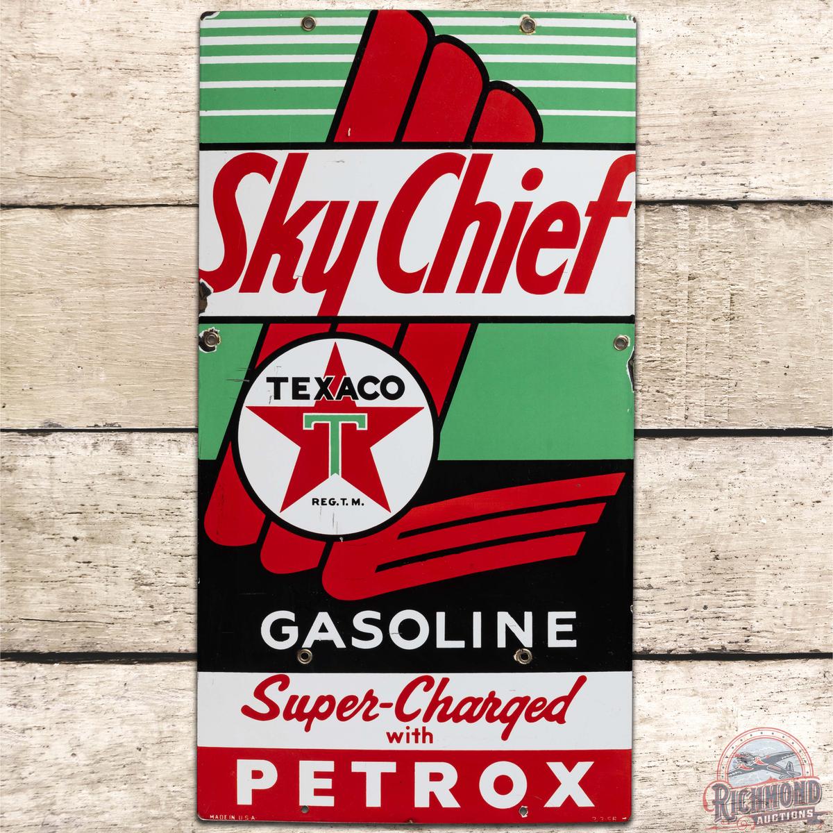 1956 Texaco Sky Chief w/ Petrox SS Porcelain Gas Pump Plate Sign "Large"