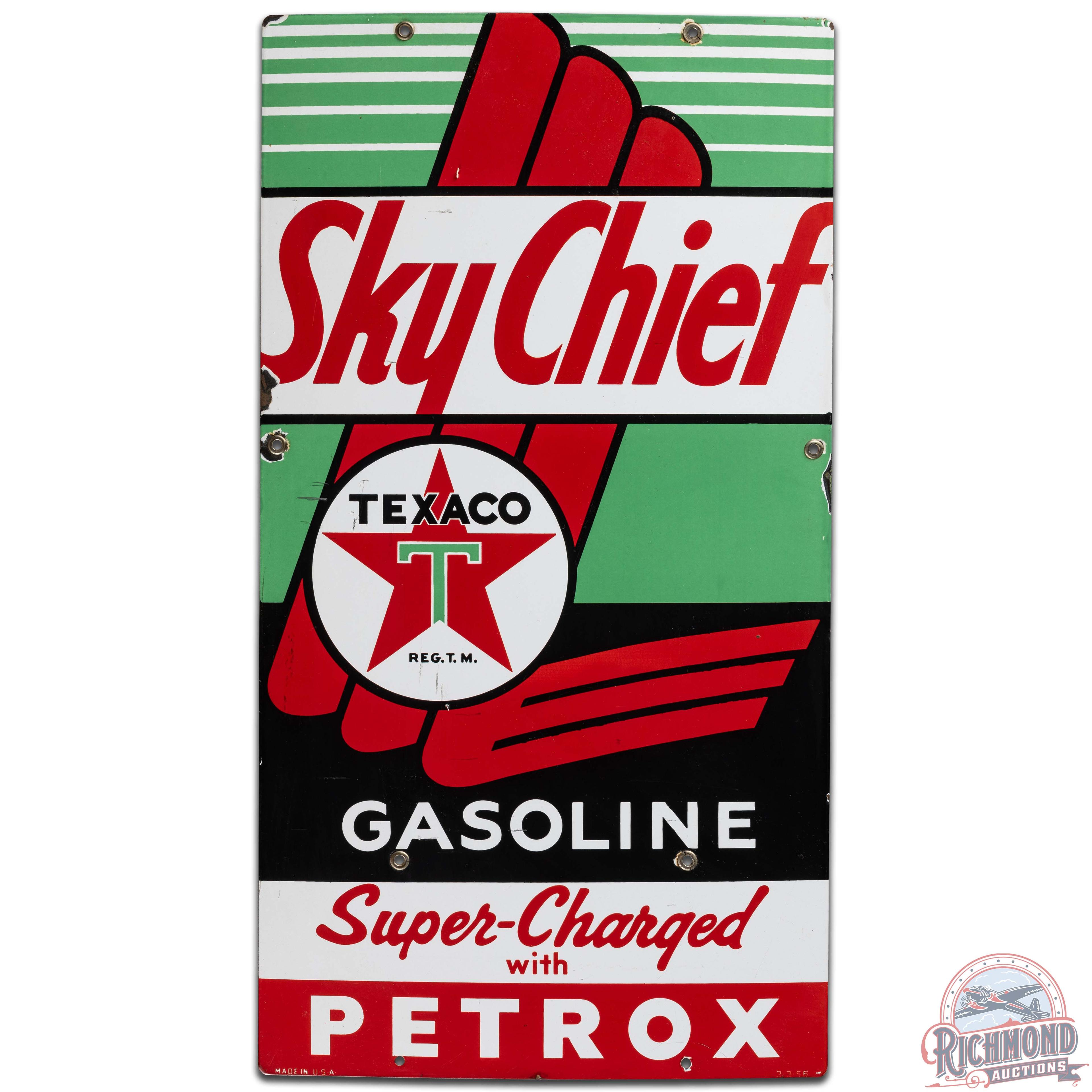 1956 Texaco Sky Chief w/ Petrox SS Porcelain Gas Pump Plate Sign "Large"