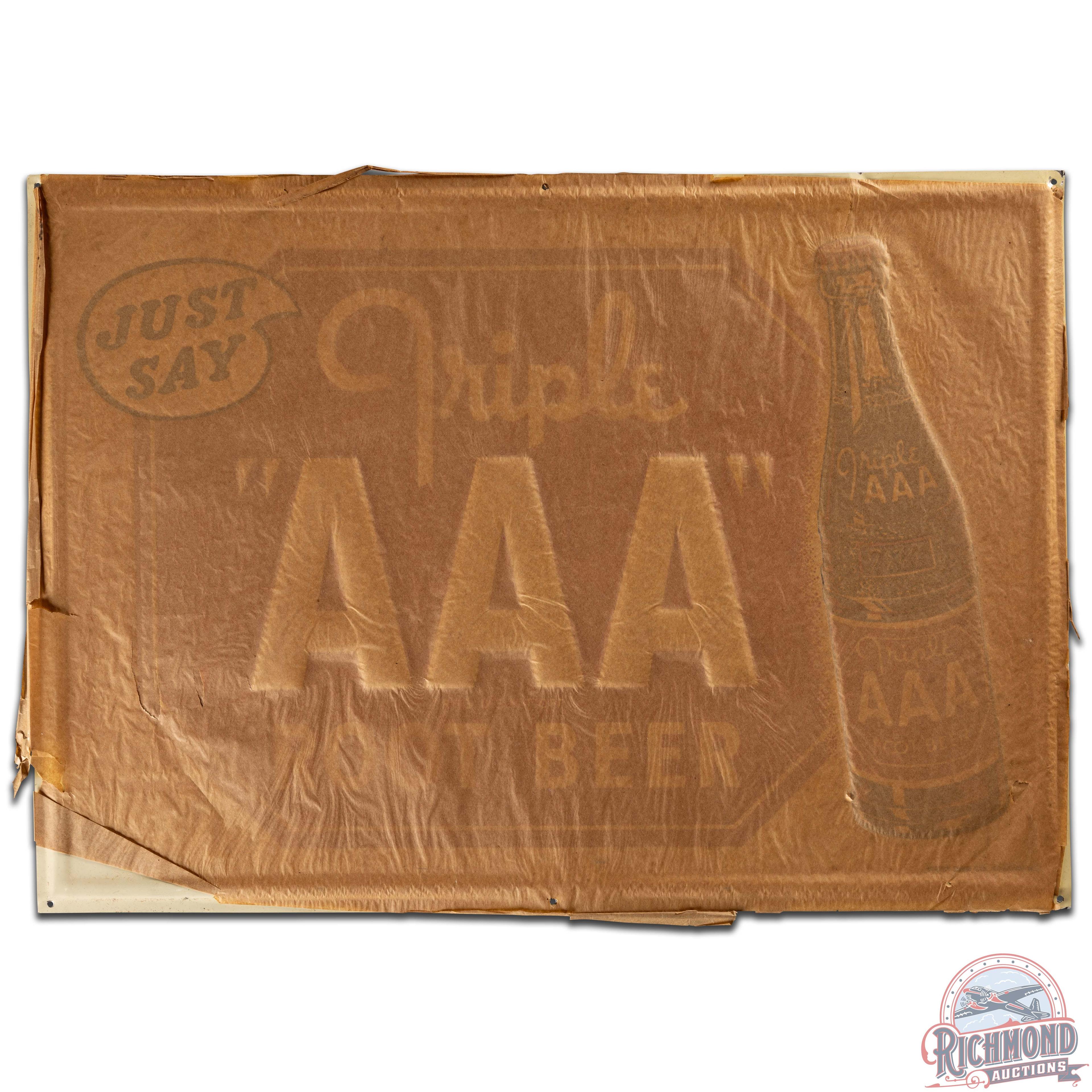 NOS Just Say Triple AAA Root Beer Embossed SS Tin Sign w/ Paper