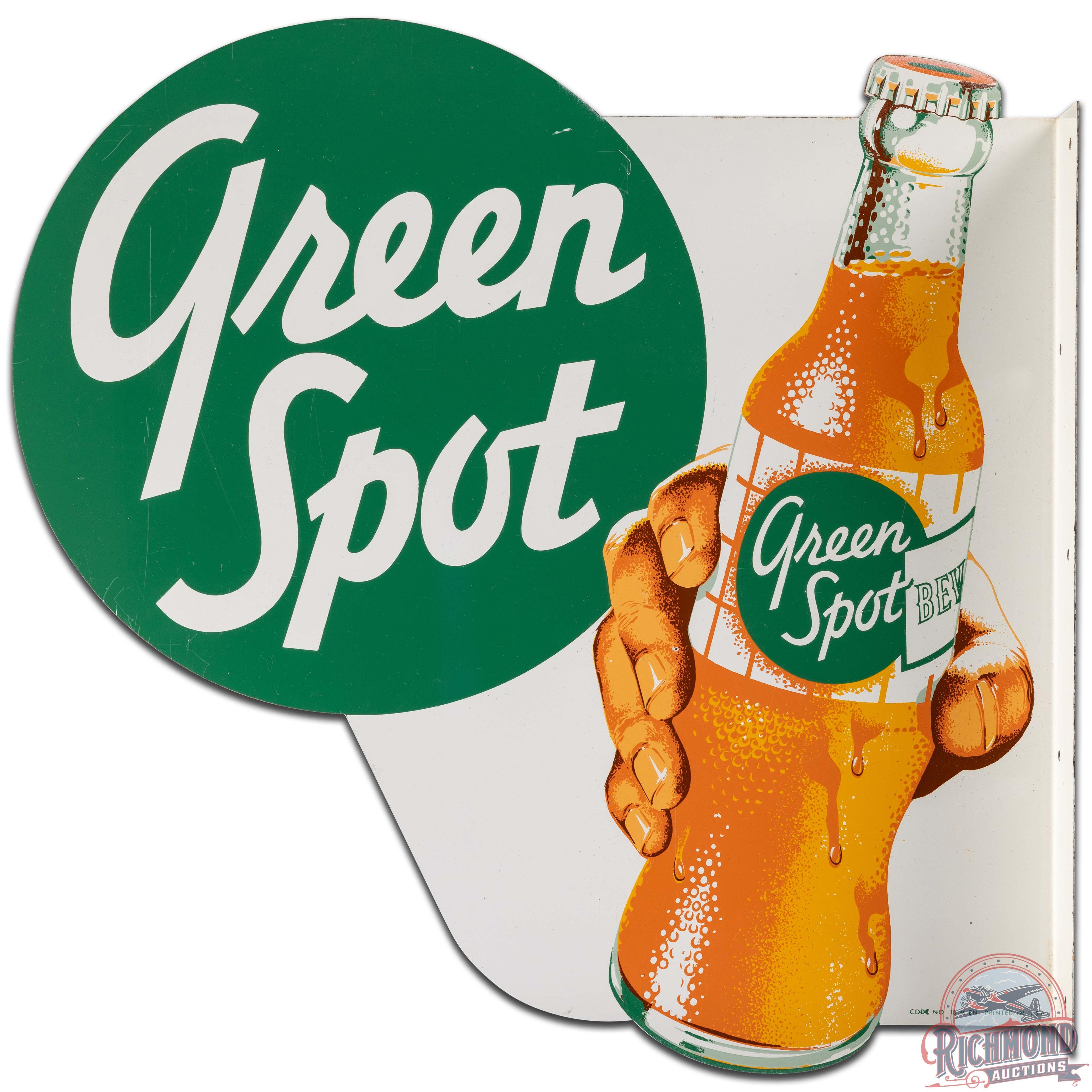 Green Spot Soda DS Tin Flange Sign w/ Bottle & Hand