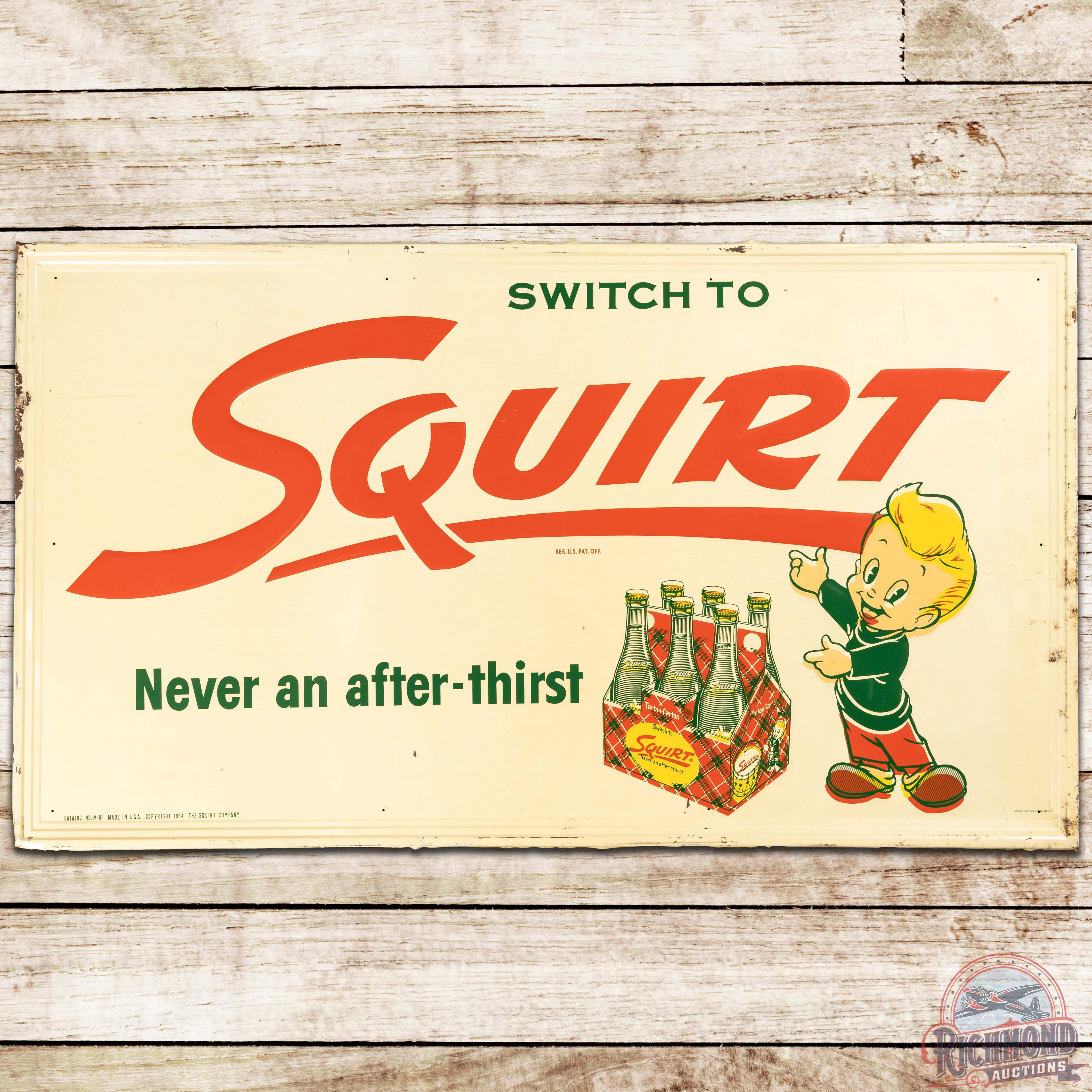 NOS Squirt Never An After-Thirst Emb. SS Tin Sign w/ 6 Pack & Squirt Boy