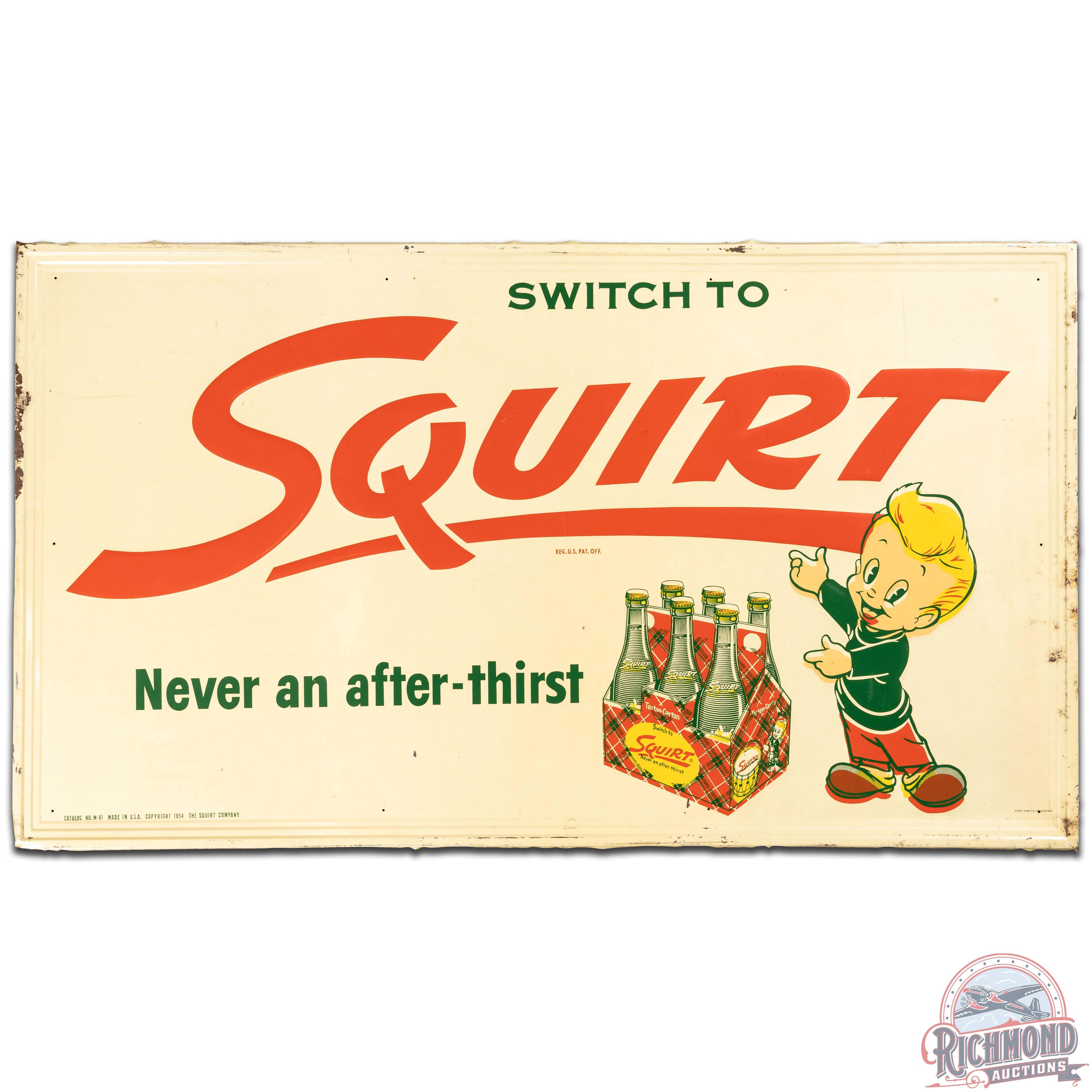 NOS Squirt Never An After-Thirst Emb. SS Tin Sign w/ 6 Pack & Squirt Boy