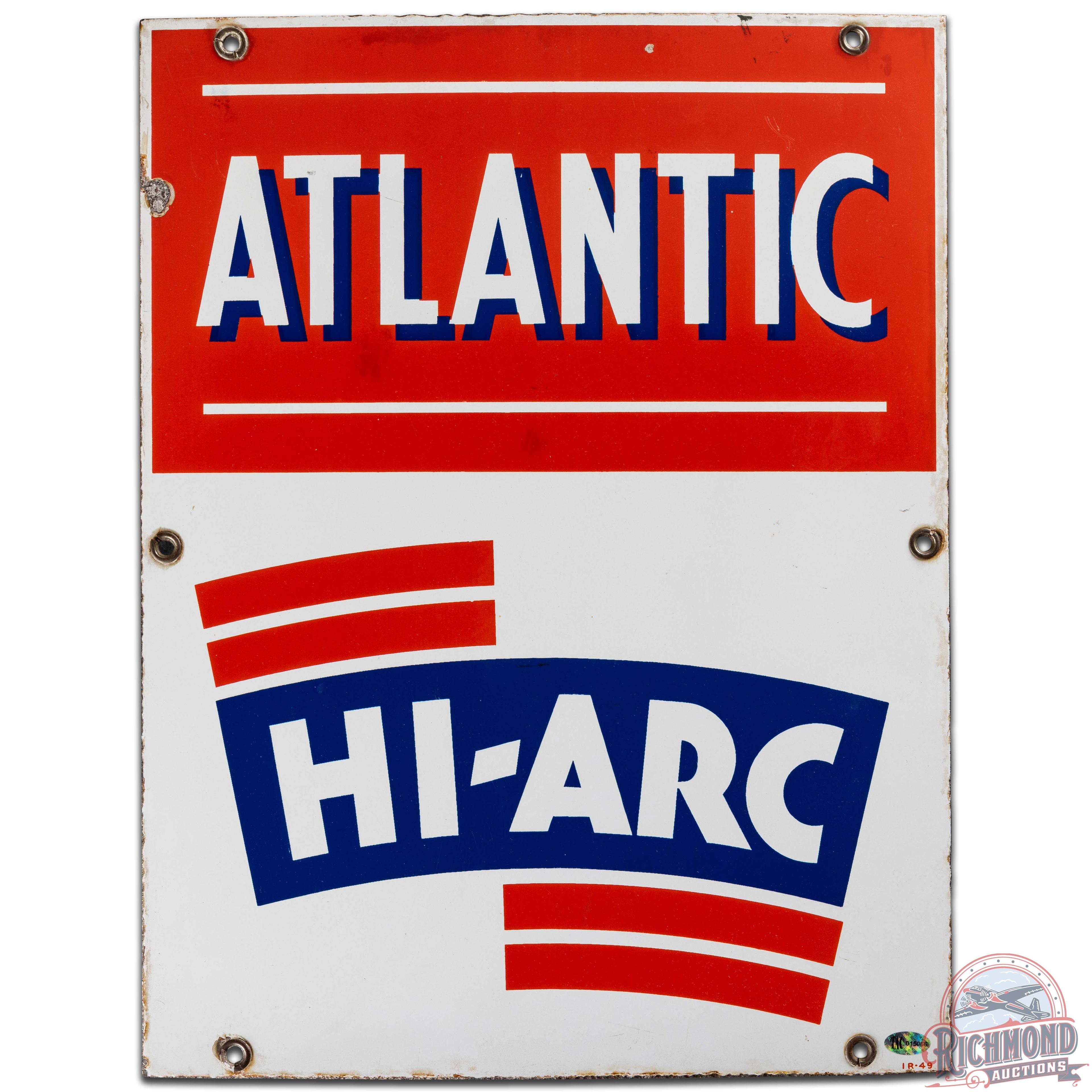 1949 Atlantic Hi-Arc Gasoline SS Porcelain Pump Plate Sign