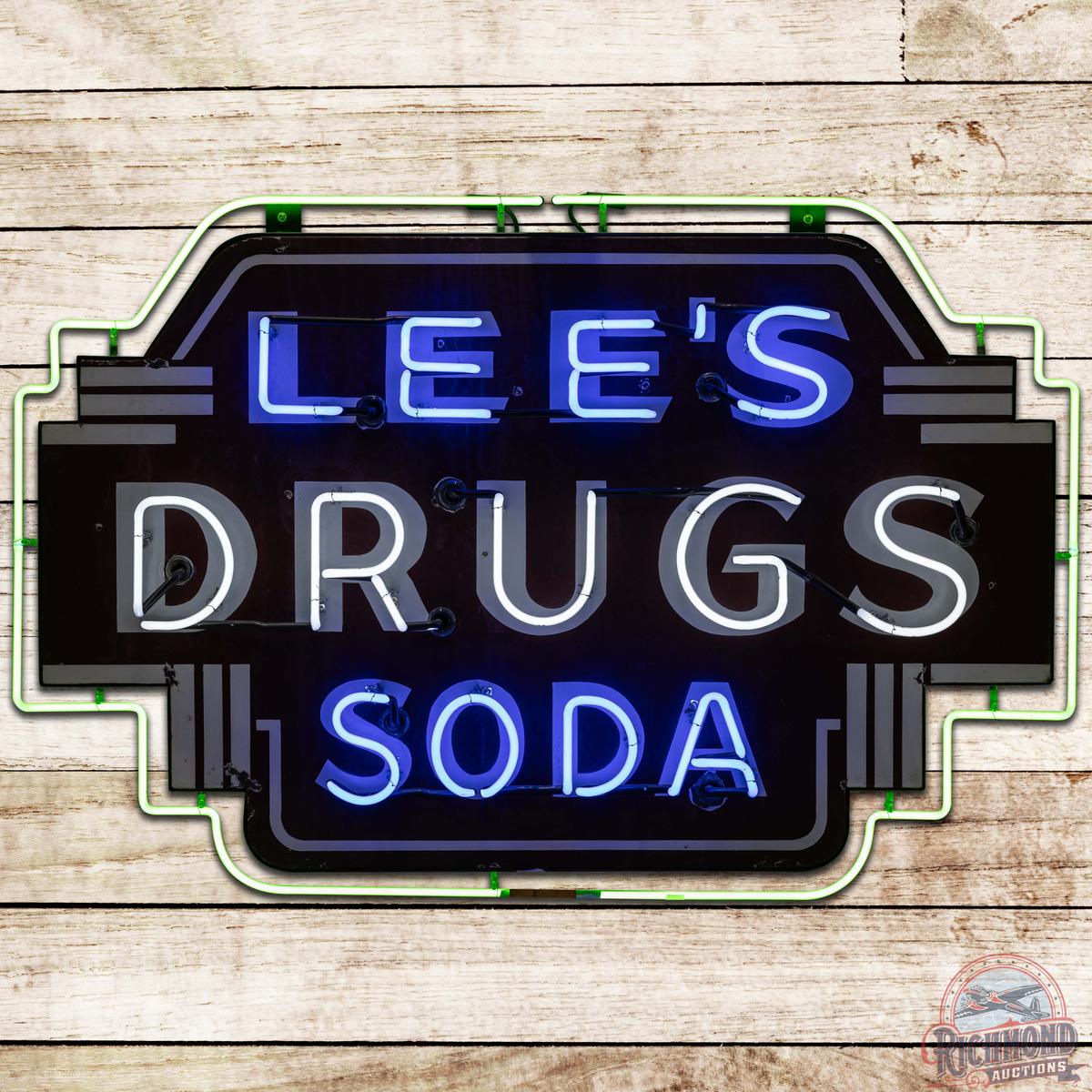 Lee's Drugs Soda Die Cut SS Porcelain Neon Sign