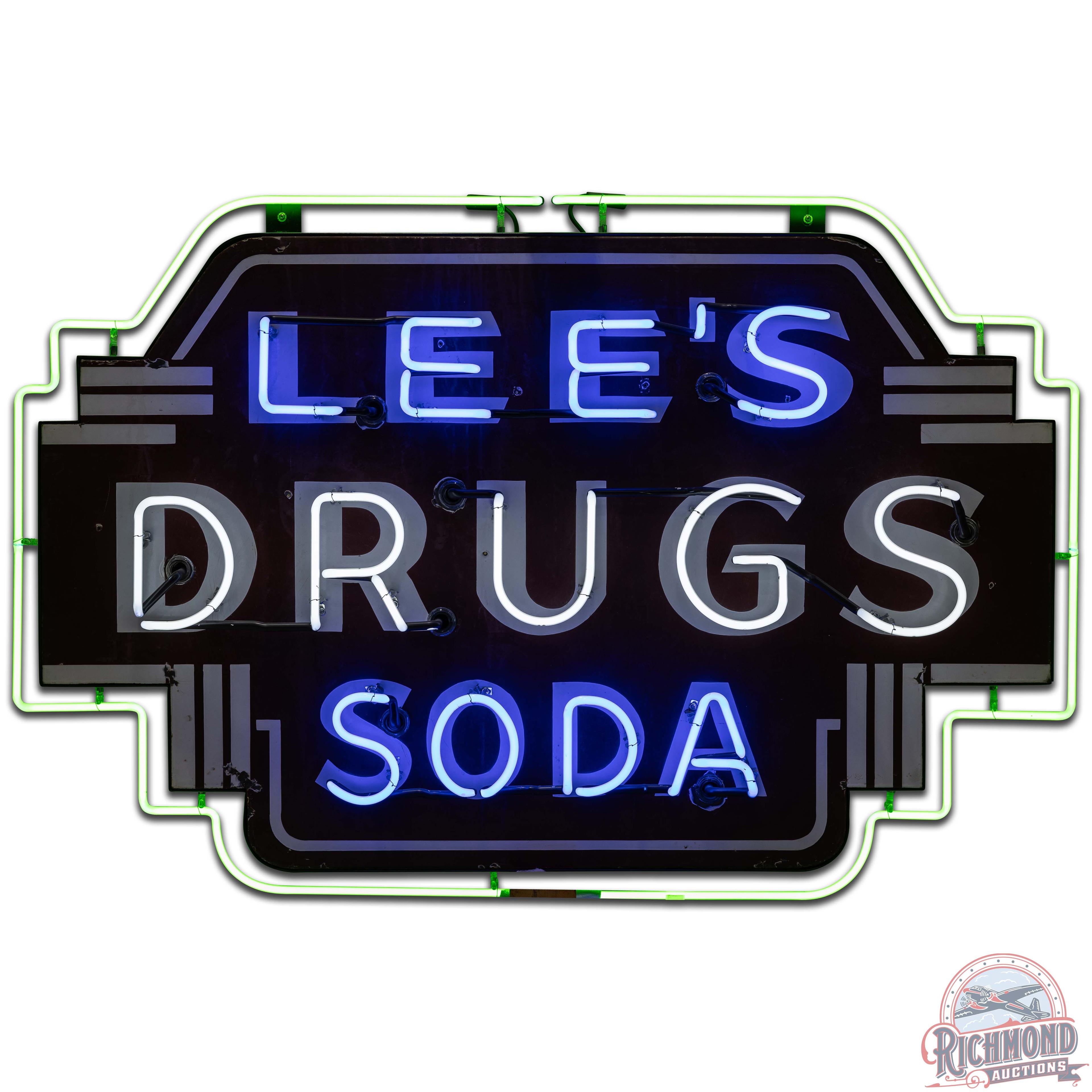 Lee's Drugs Soda Die Cut SS Porcelain Neon Sign