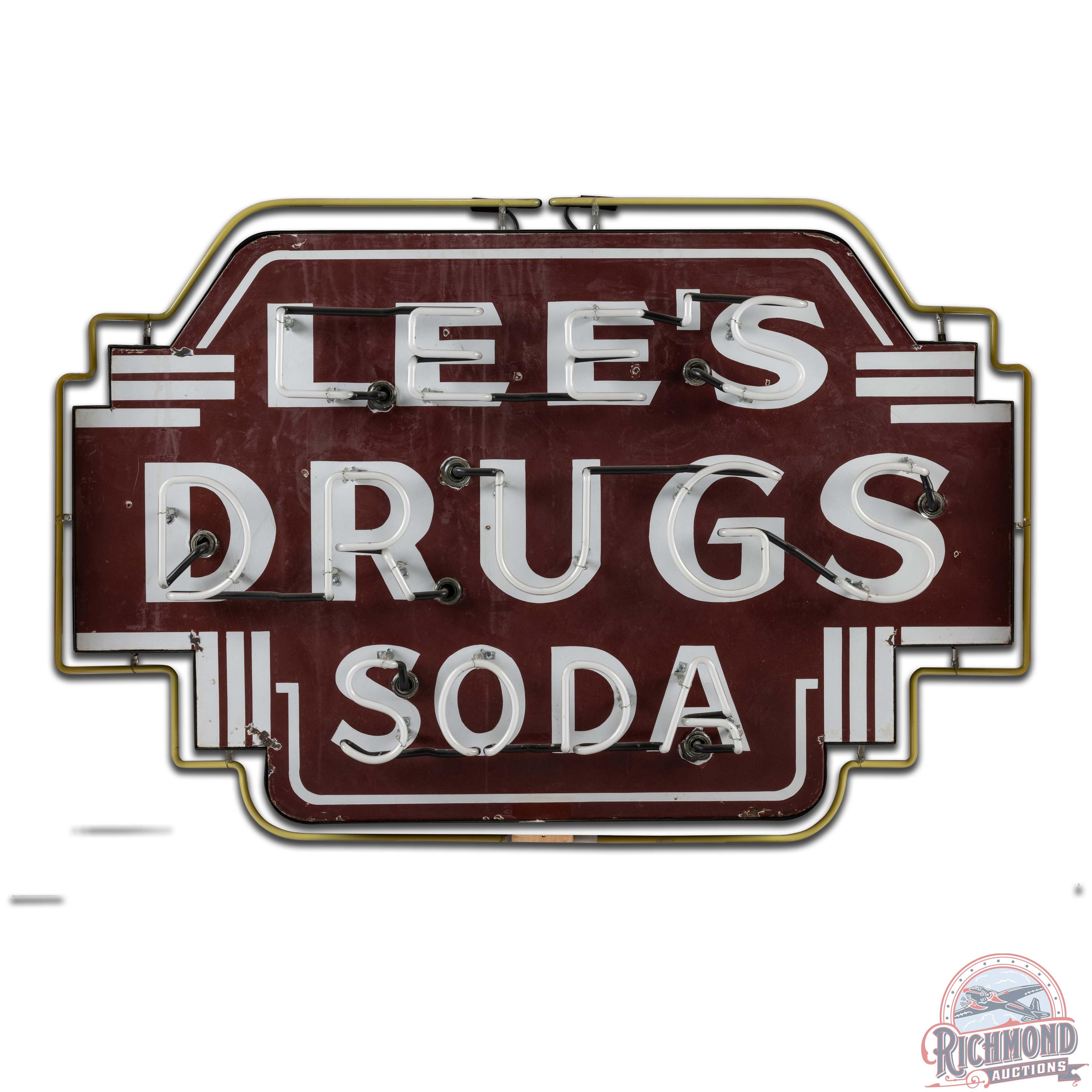 Lee's Drugs Soda Die Cut SS Porcelain Neon Sign