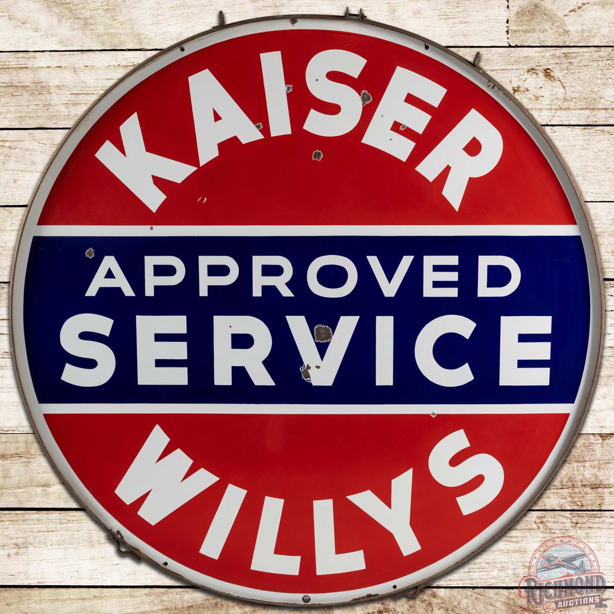 Kaiser Willys Approved Service 60" DS Porcelain Sign w/ Ring