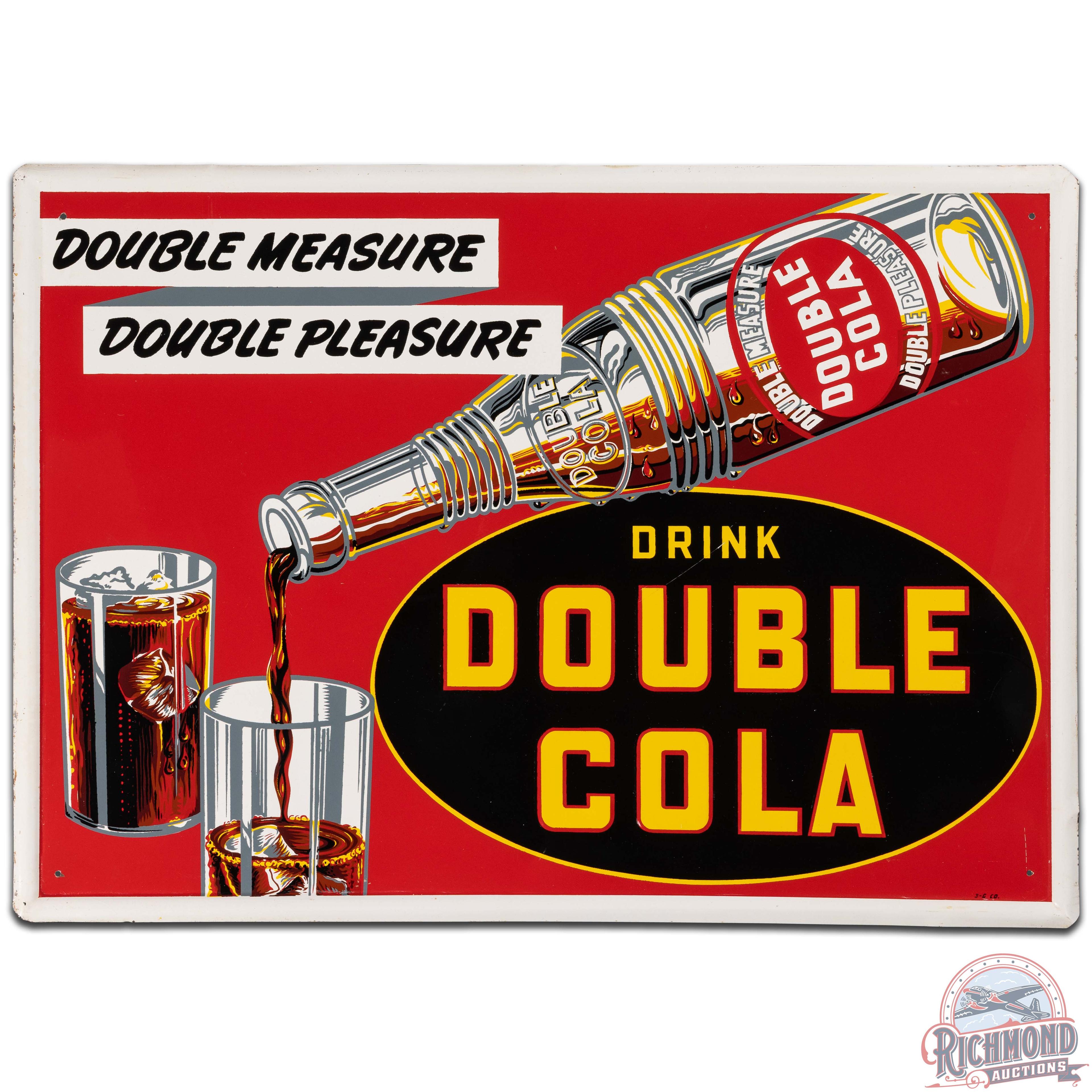 Drink Double Cola "Double Measure Double Pleasure" SS Tin Sign w/ Glasses & Bottle