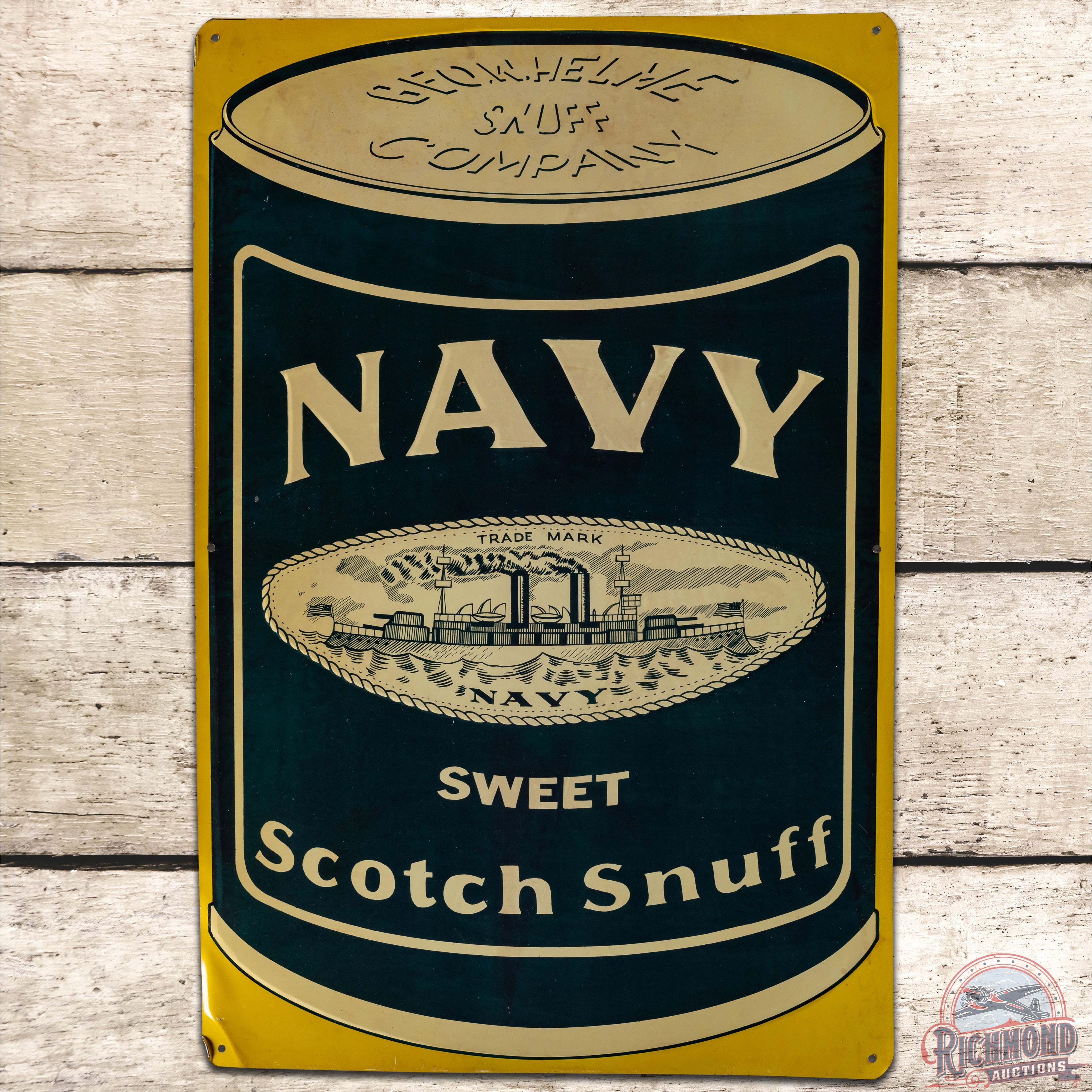 NOS Navy Sweet Scotch Snuff Emb SS Tin Sign w/ Battleship