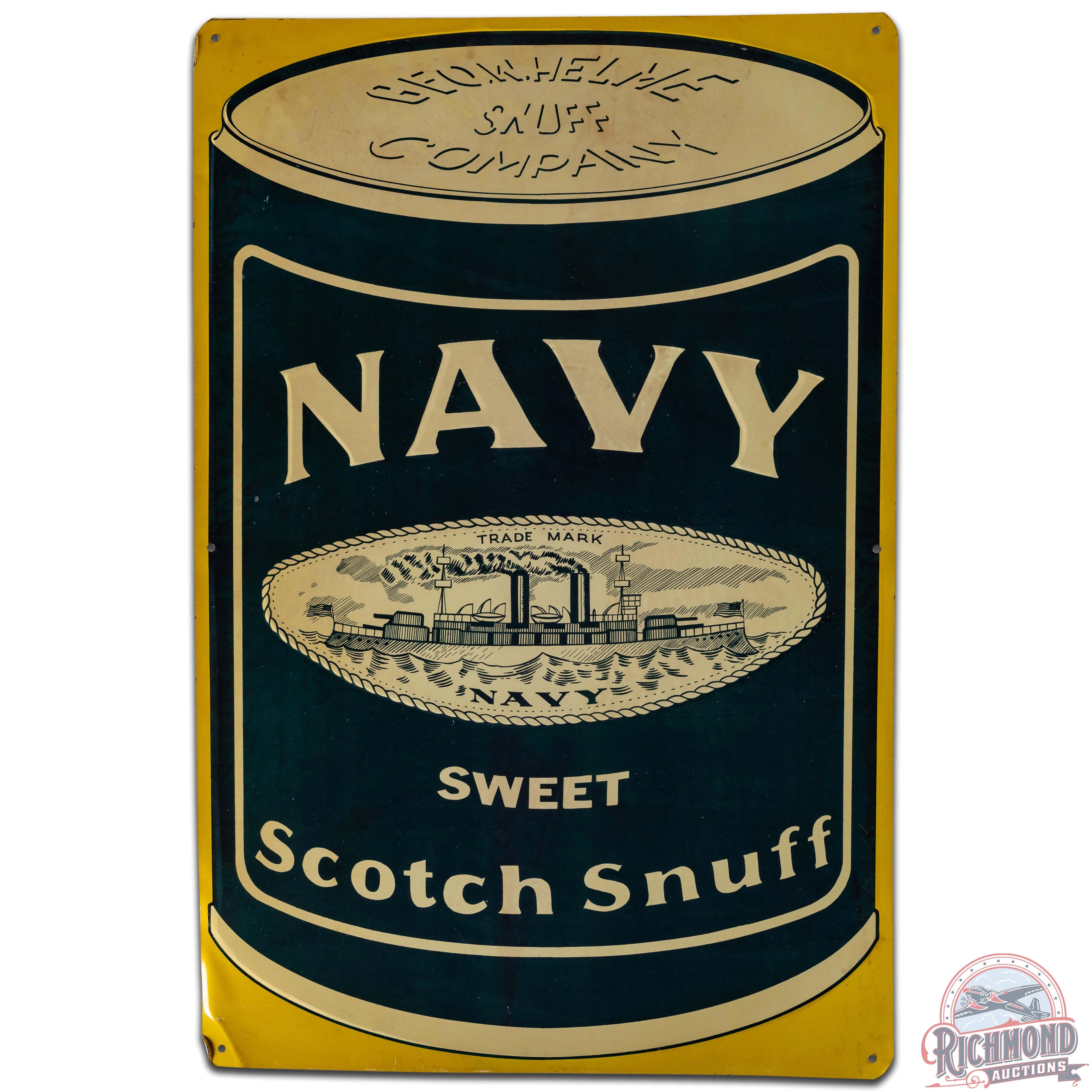 NOS Navy Sweet Scotch Snuff Emb SS Tin Sign w/ Battleship
