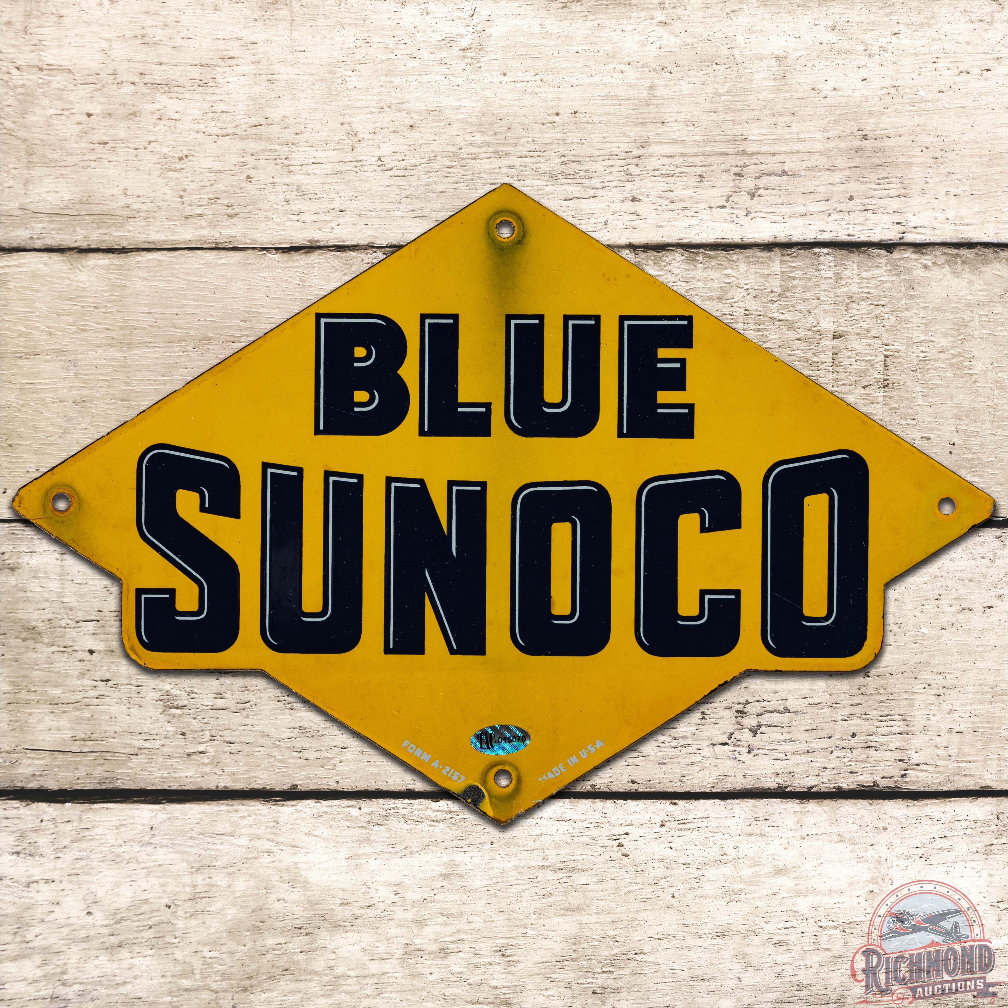 Blue Sunoco Die Cut SS Porcelain Gas Pump Plate Sign