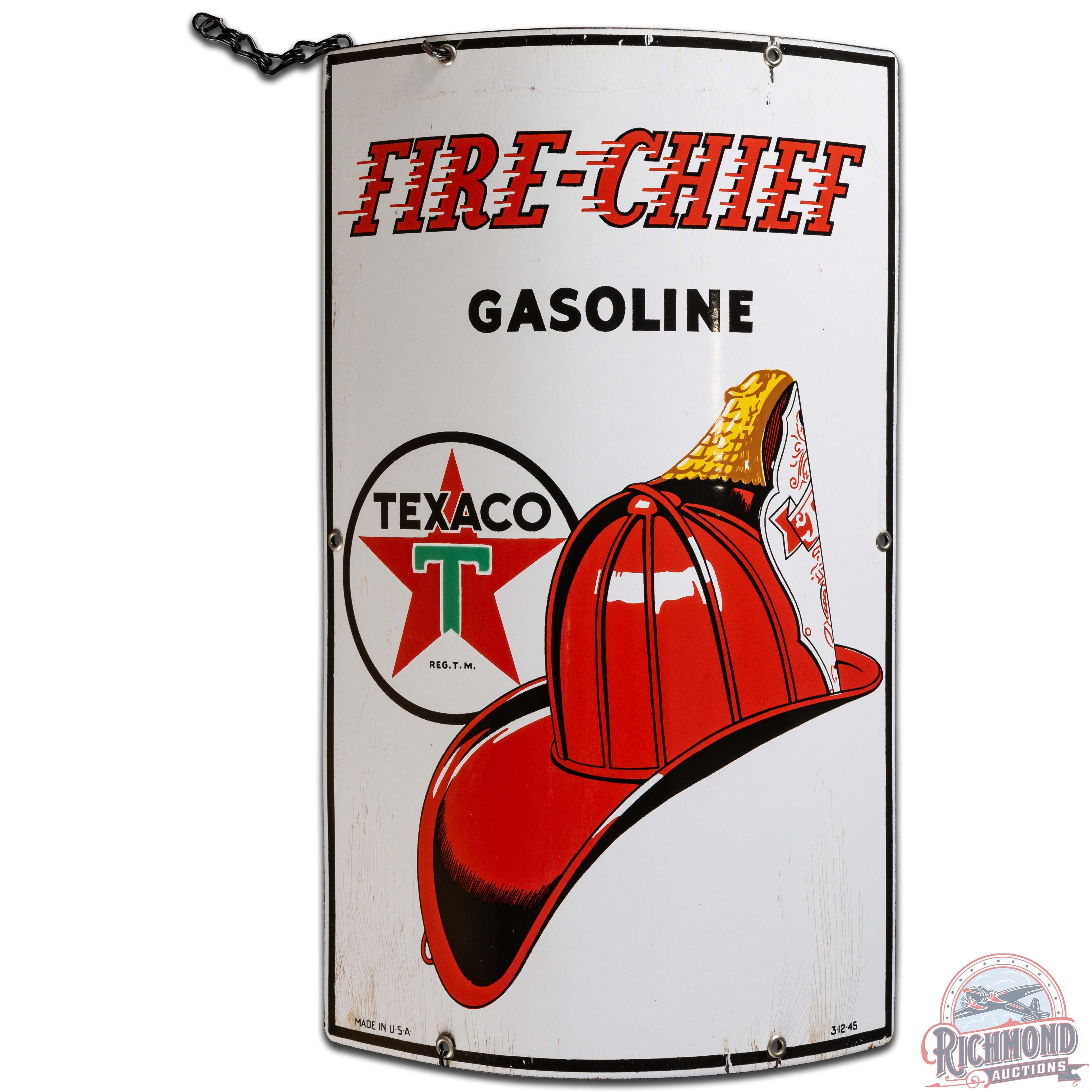 1945 Texaco Fire Chief Gasoline Curved SS Porcelain Gas Pump Plate Sign