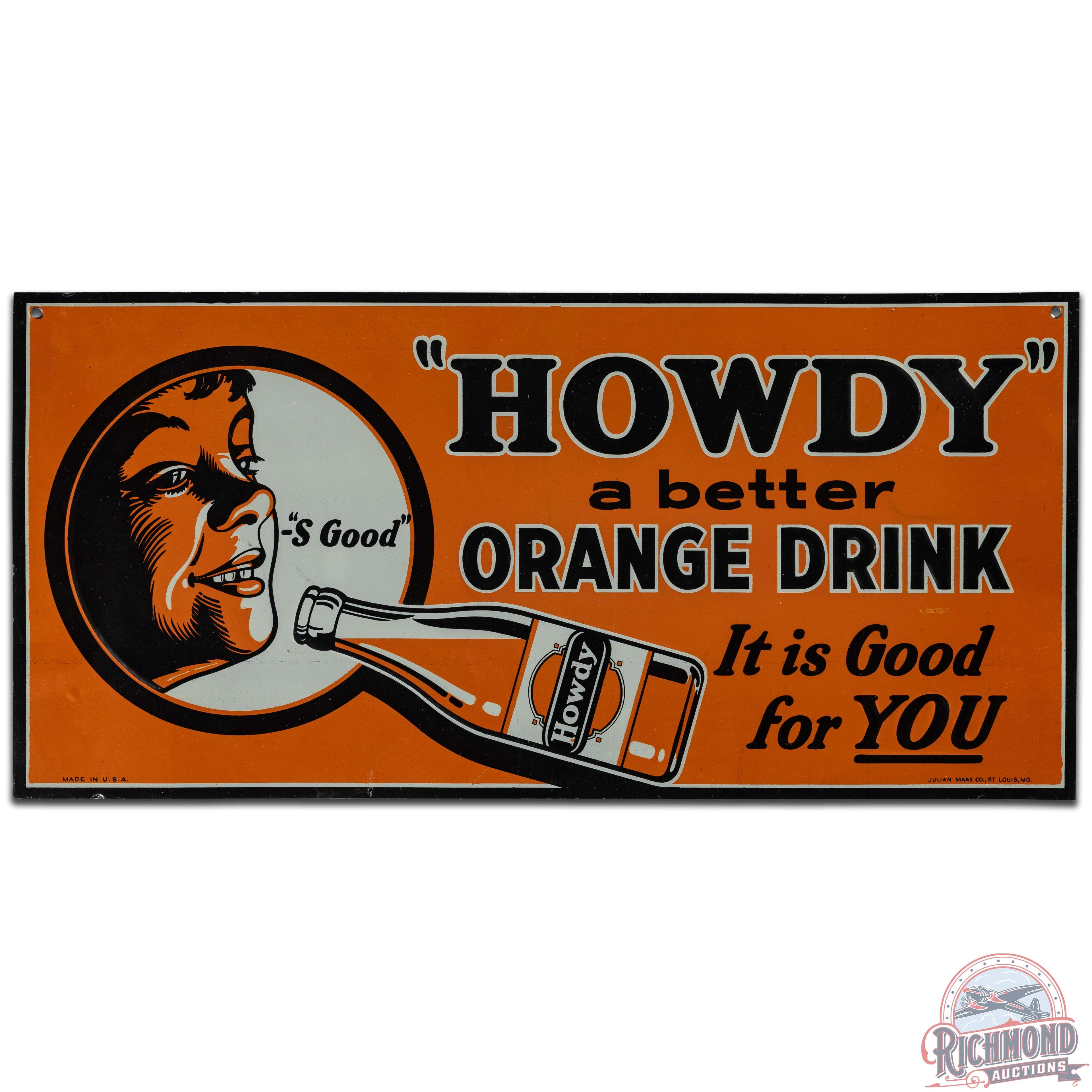 Howdy a Better Orange Drink SS Tin Sign w/ Boy & Bottle