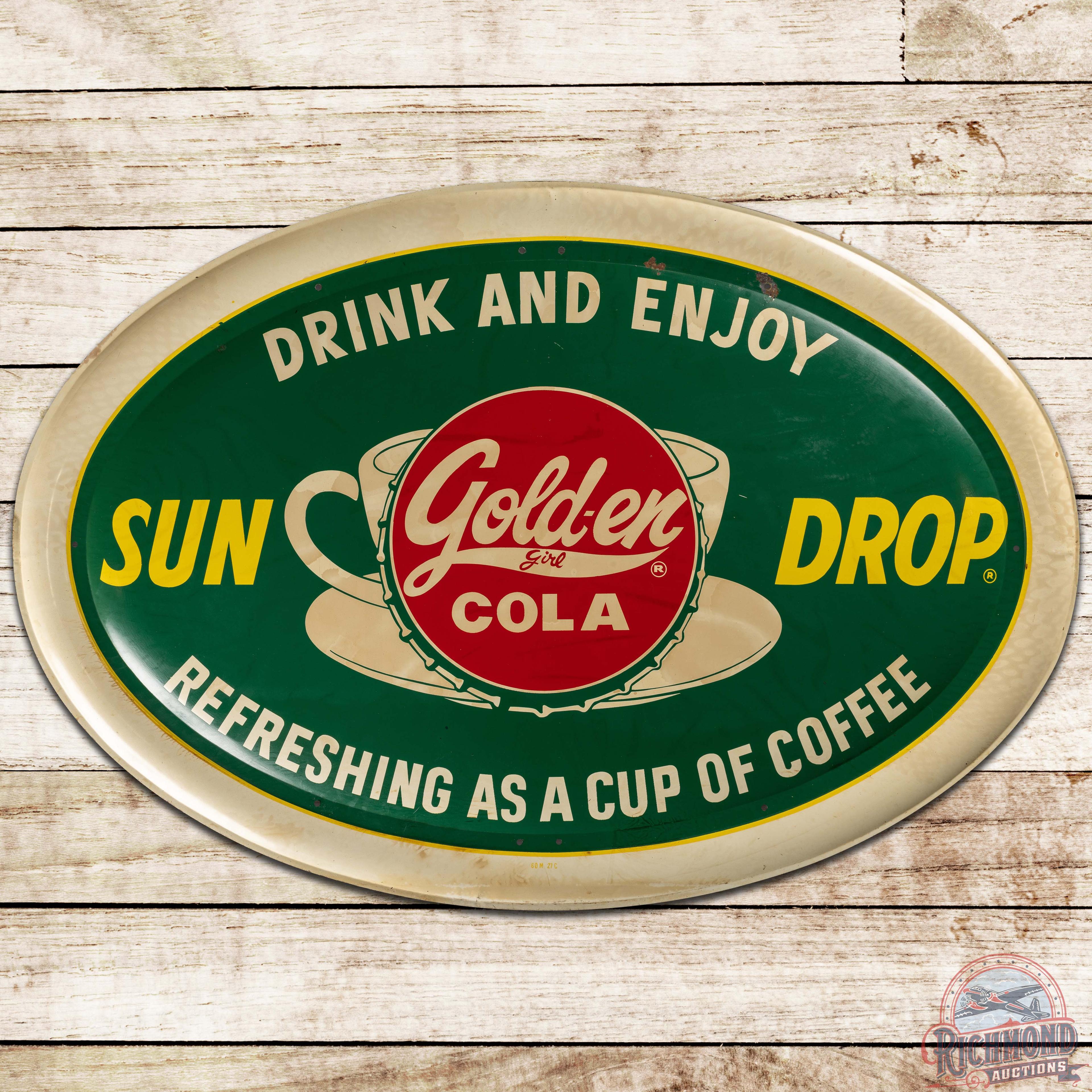 Sundrop Golden Girl Cola SS Tin Bubble Sign w/ Coffee Cup