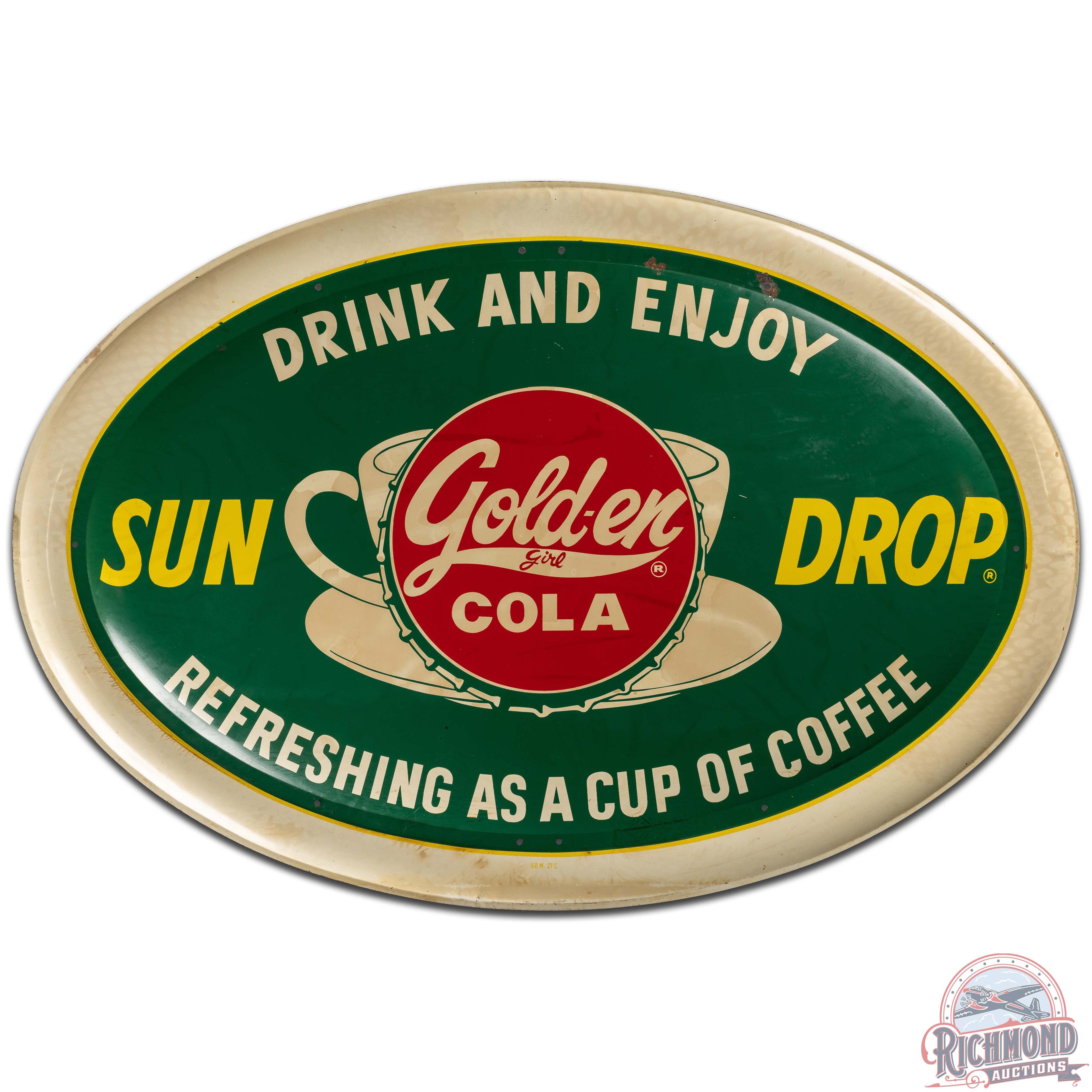 Sundrop Golden Girl Cola SS Tin Bubble Sign w/ Coffee Cup