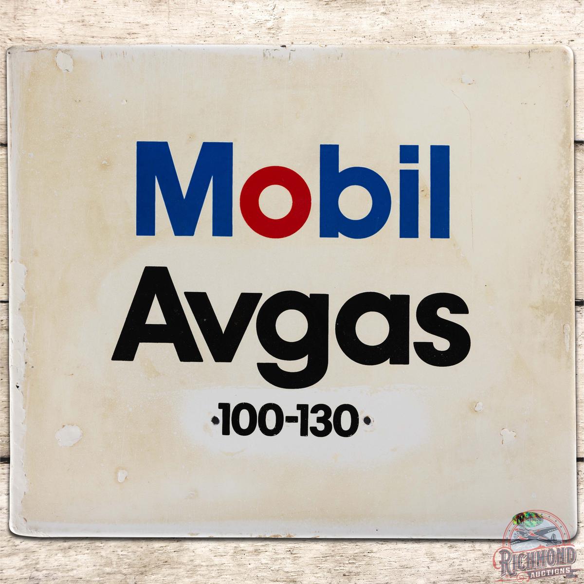 Mobil Avgas 100 130 SS Porcelain Gas Pump Plate Sign