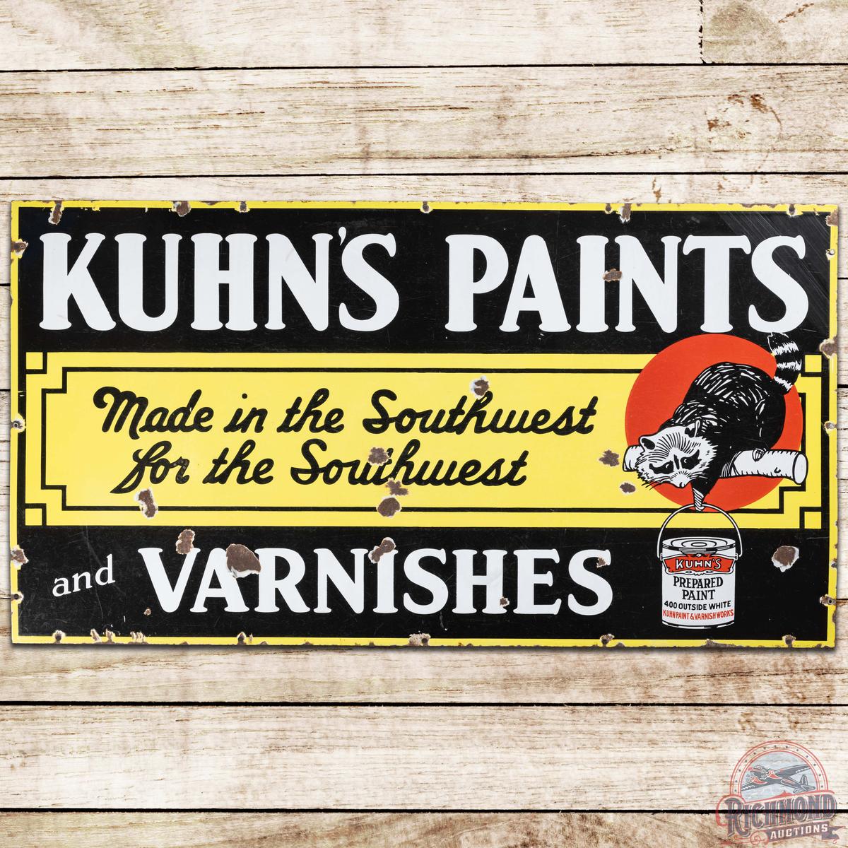 Scarce Kuhn's Paints and Varnishes SS Porcelain Sign w/ Racoon