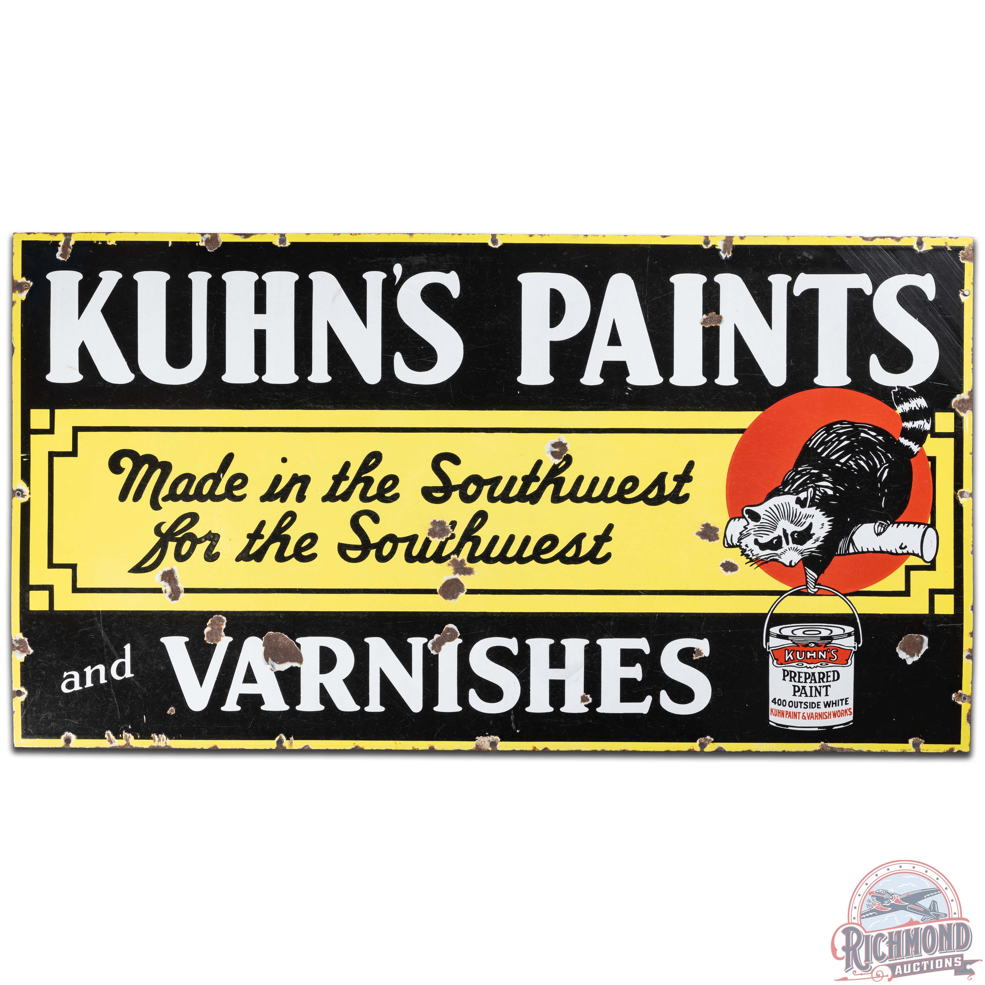 Scarce Kuhn's Paints and Varnishes SS Porcelain Sign w/ Racoon