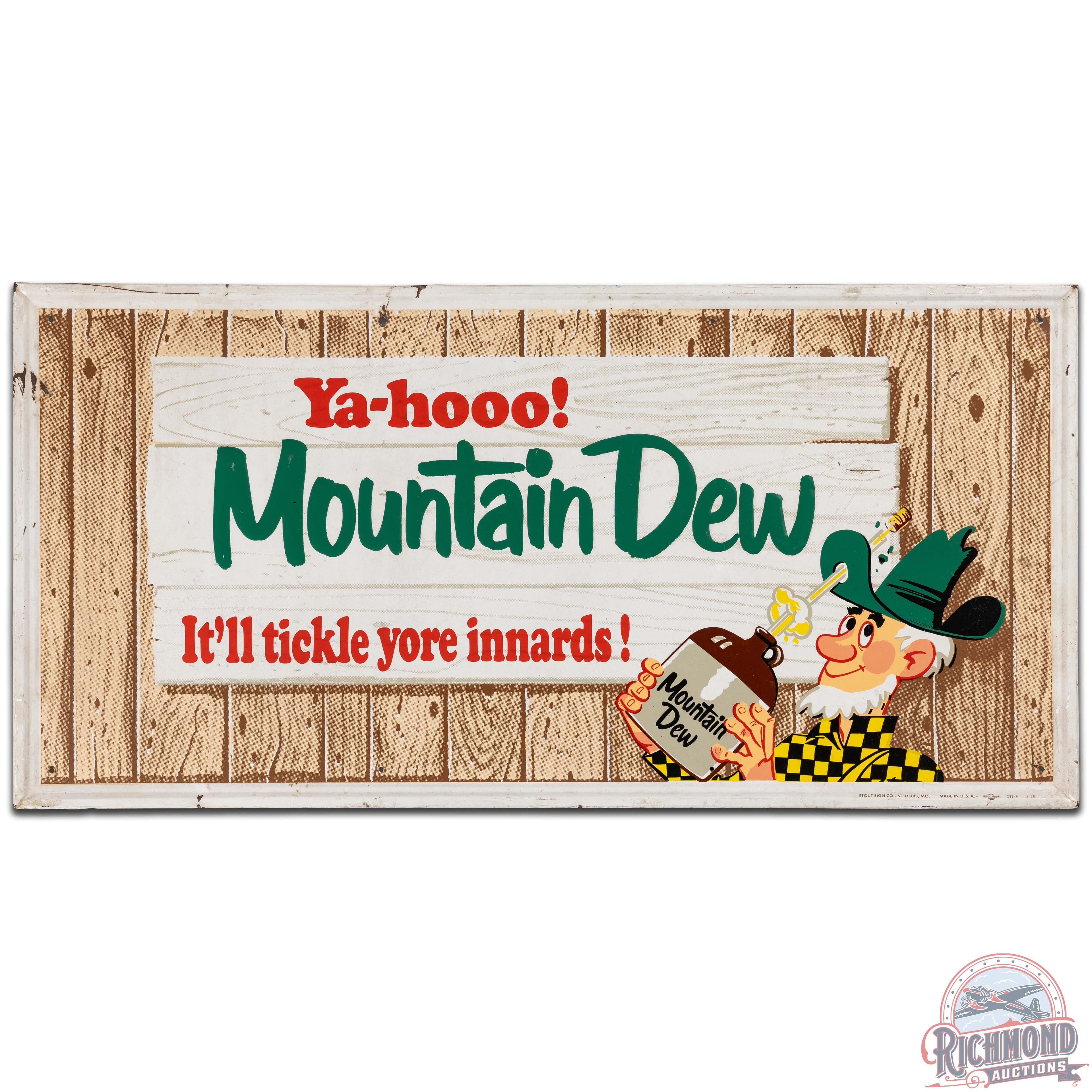1966 Mountain Dew "It'll tickle yore innards!" Emb. SS Tin Sign w/ Hillbilly