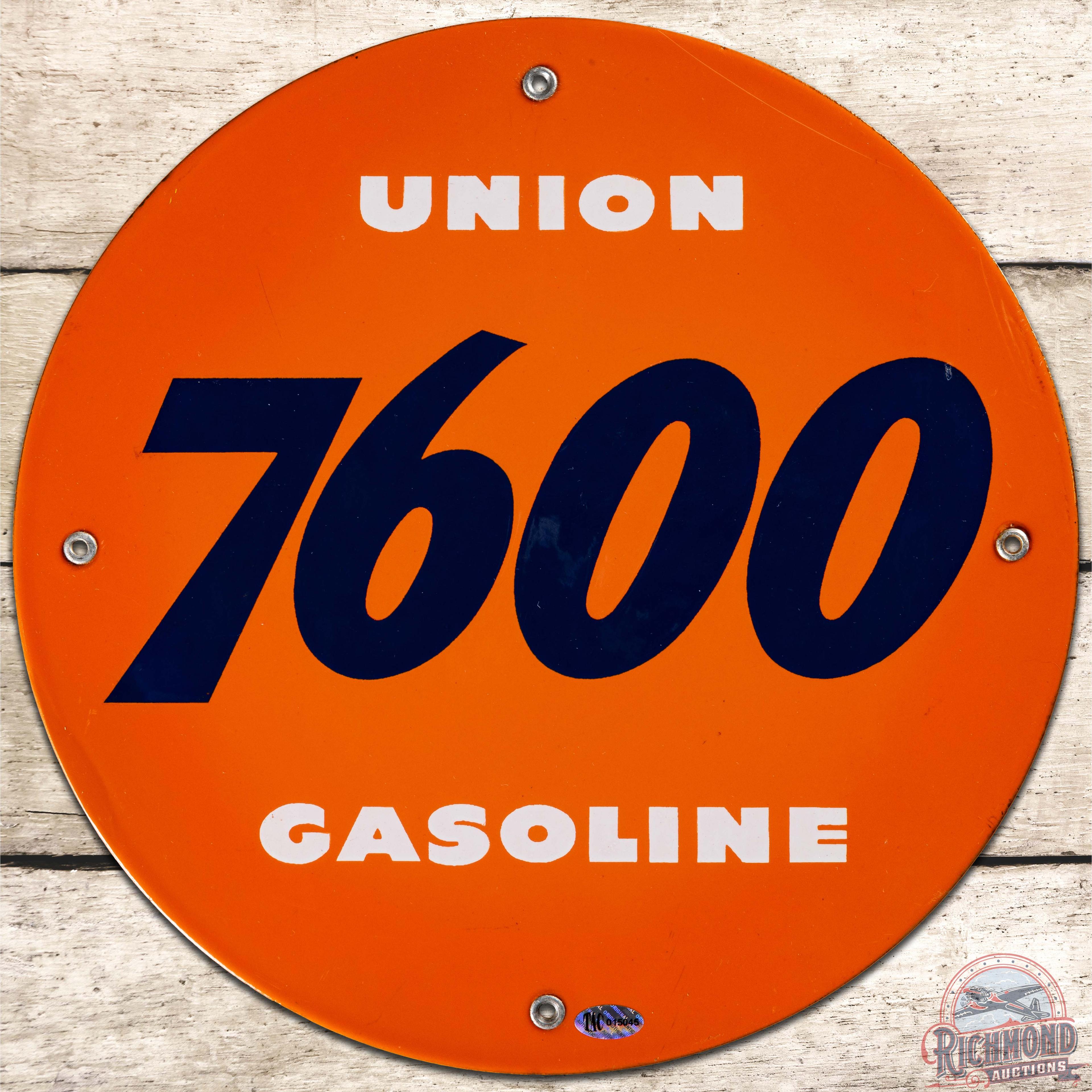 Union 7600 Gasoline SS Porcelain Pump Plate Sign