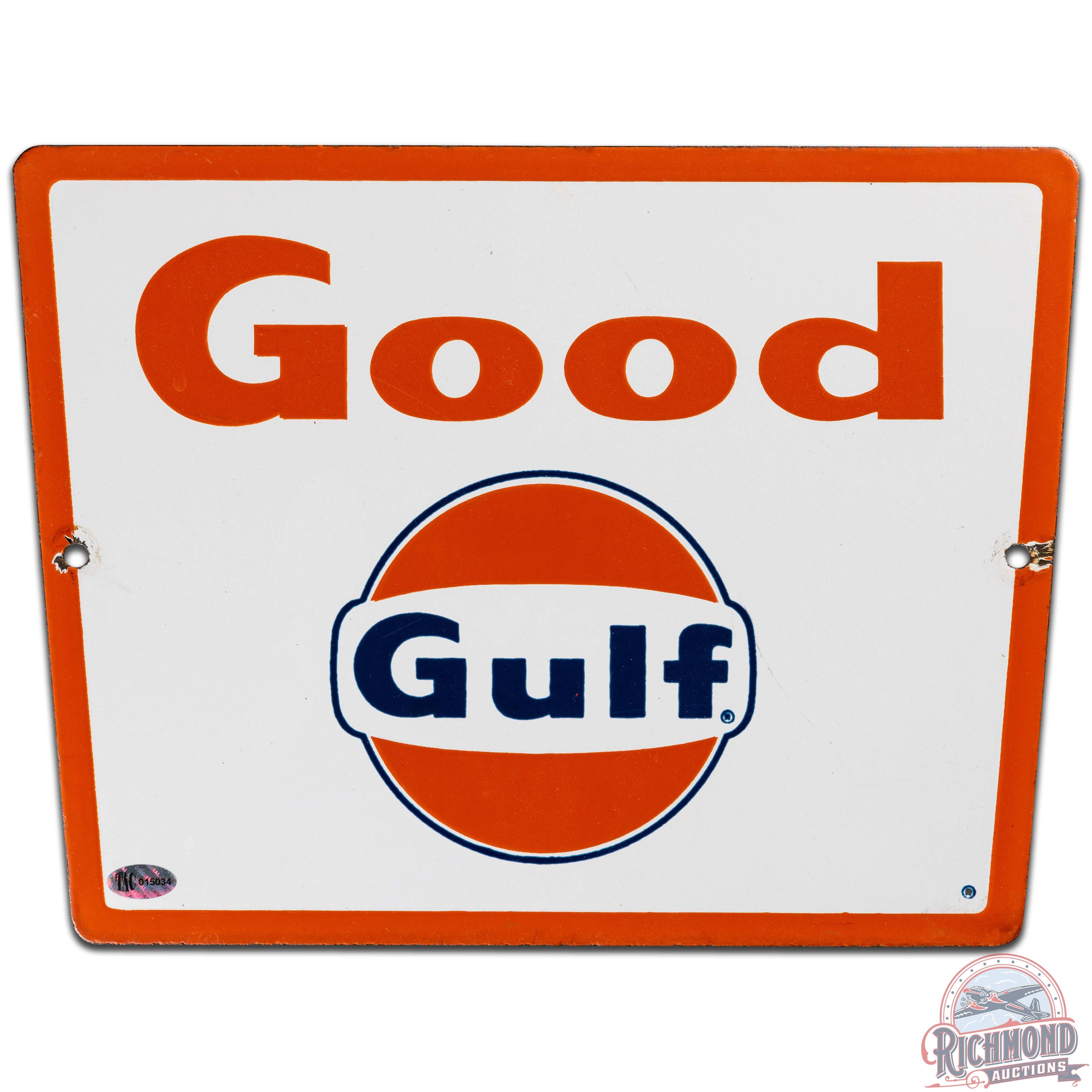 Good Gulf Gasoline SS Porcelain Pump Plate Sign w/ Logo