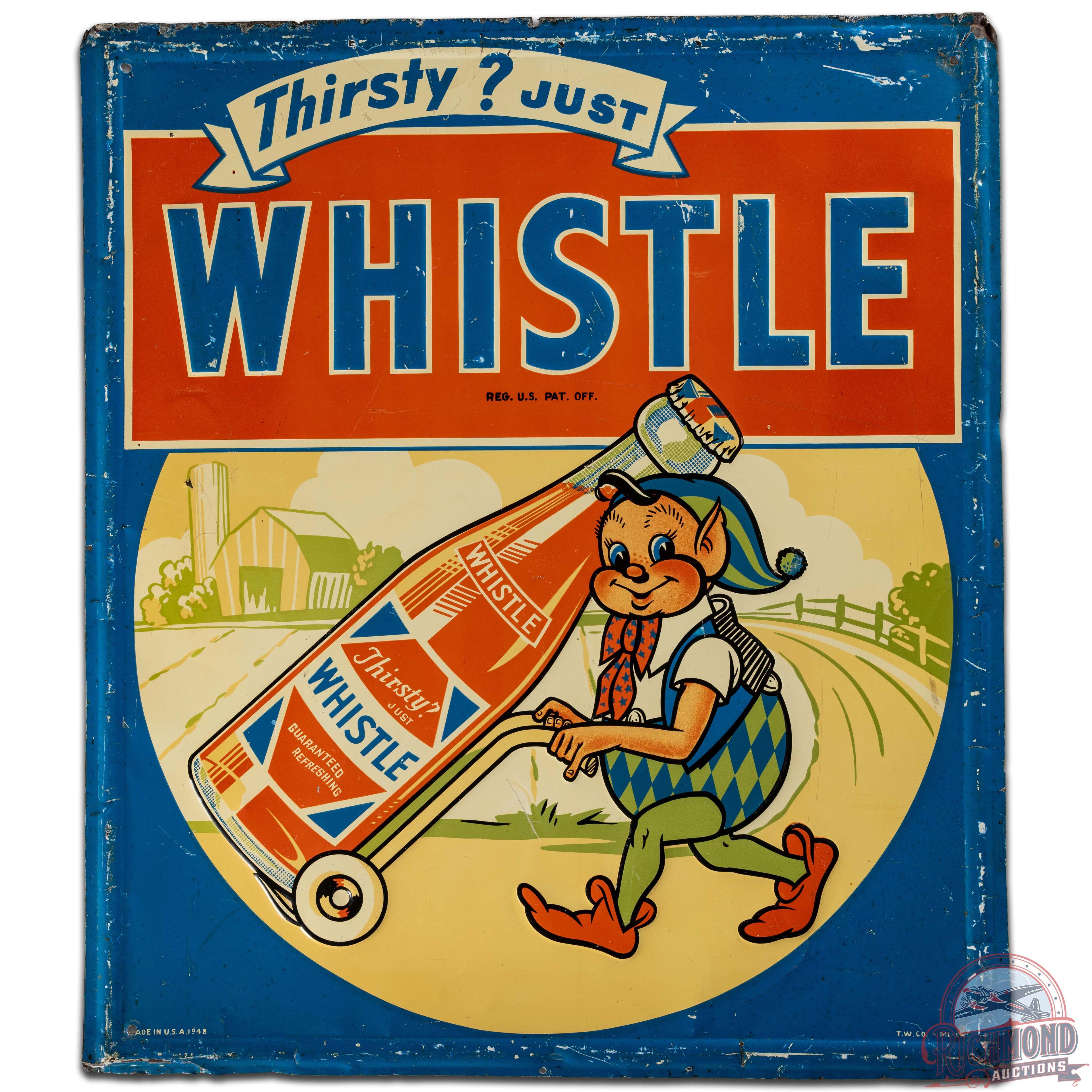 1948 Thirsty? Just Whistle Emb. SS Tin Sign w/ Elf & Bottle