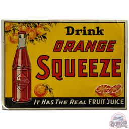 Drink Orange Squeeze Emb. SS Tin Sign w/ Bottle & Oranges