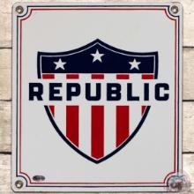 Republic Gasoline SS Porcelain Pump Plate Sign w/ Shield Logo