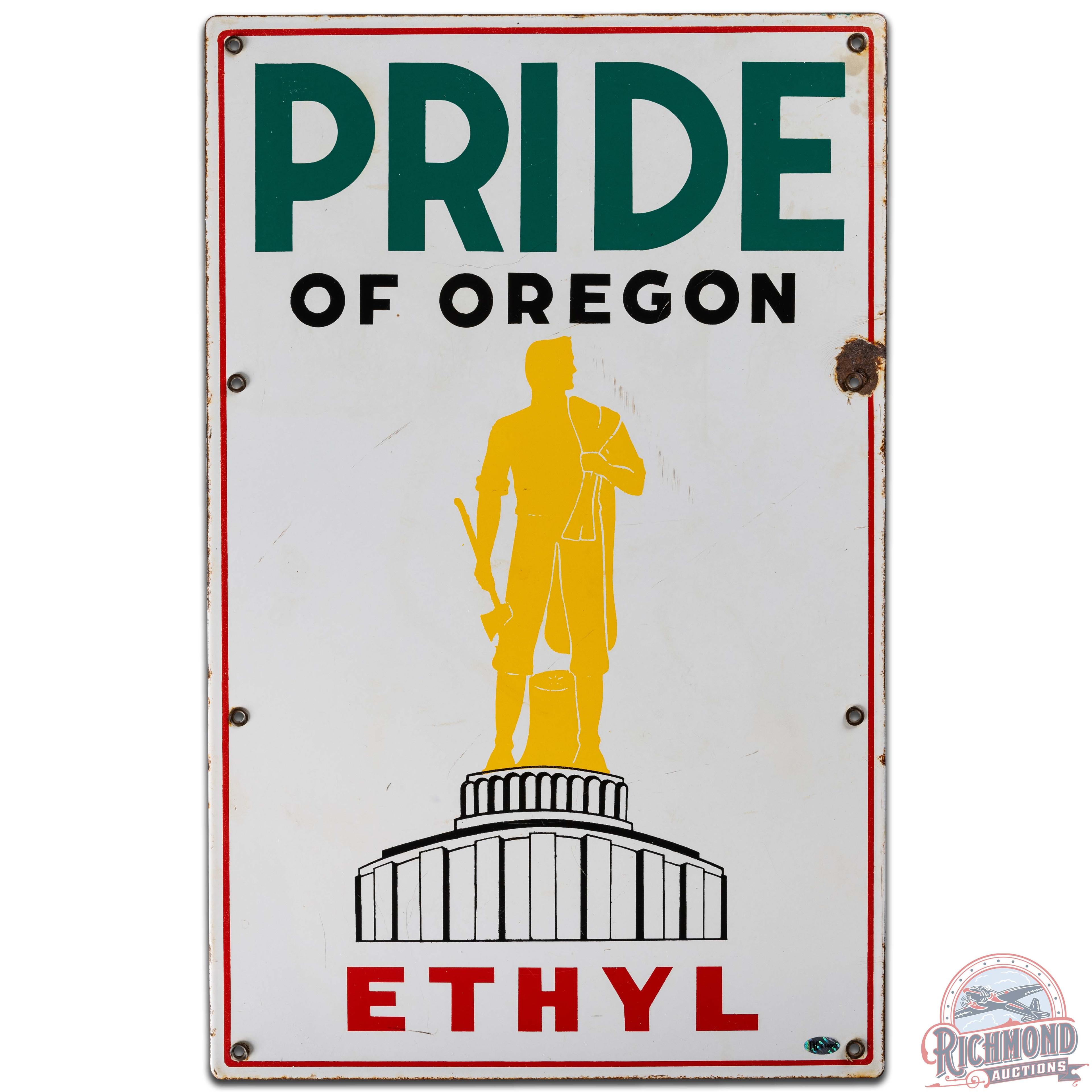 Pride of Oregon Ethyl SS Porcelain Gas Pump Plate Sign w Logo