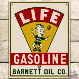 NOS Life Gasoline Barnett Oil Co. SS Tin Pump Plate Sign w Elf