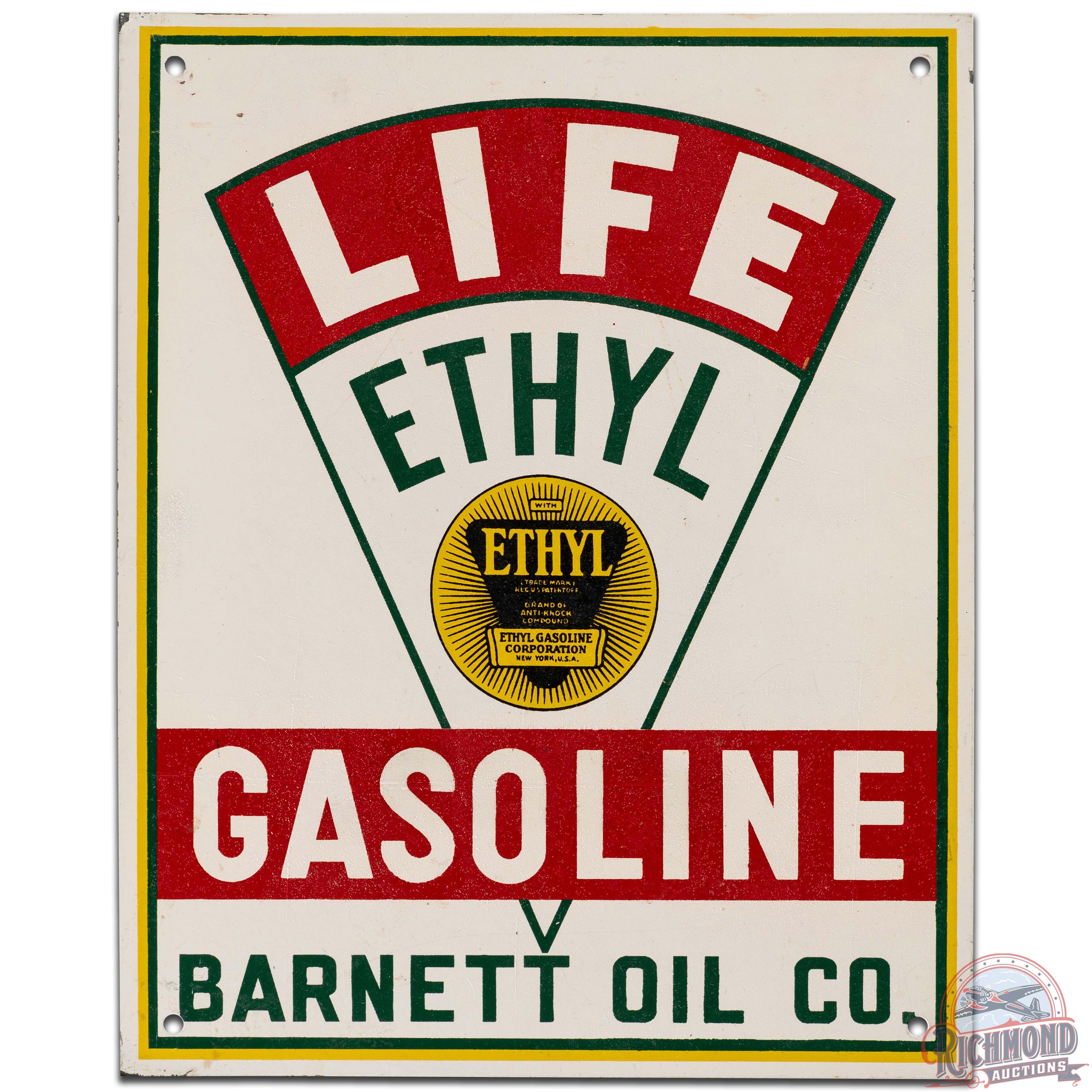 NOS Life Ethyl Gasoline Barnett Oil Co. SS Tin Pump Plate Sign