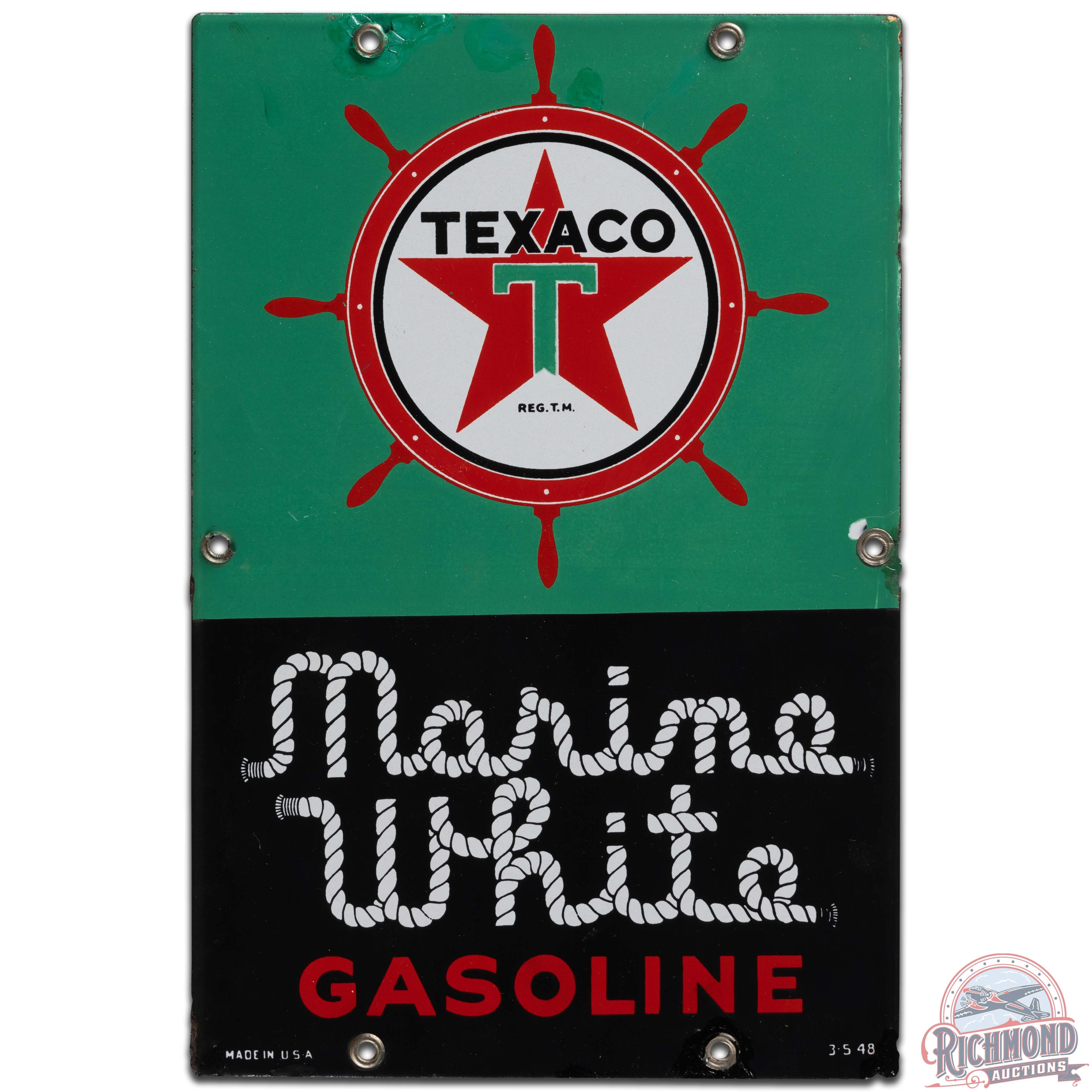 1948 Texaco Marine White Gasoline SS Porcelain Gas Pump Plate Sign "Small"