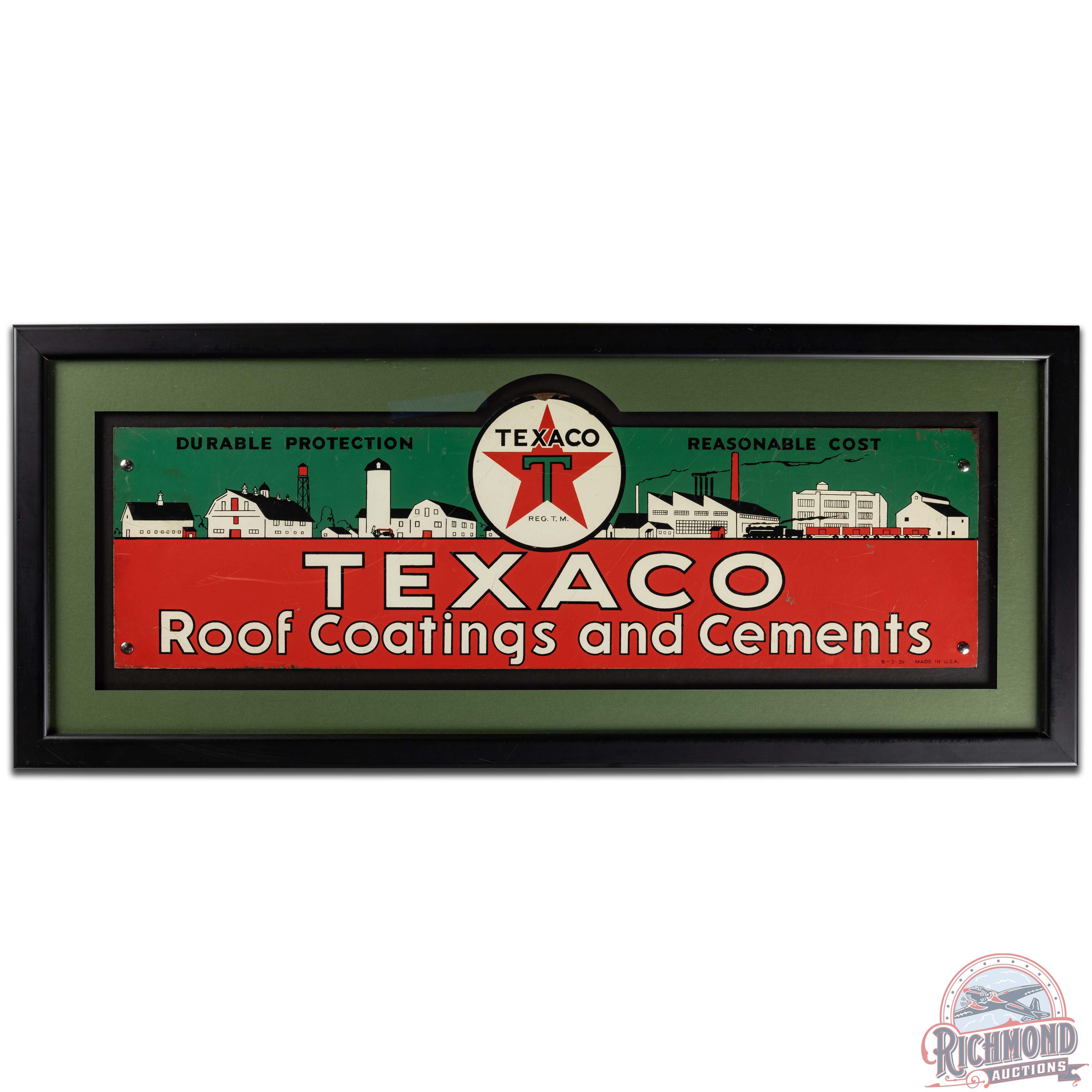 1939 Texaco Roof Coatings and Cements Framed Die Cut SS Tin Sign