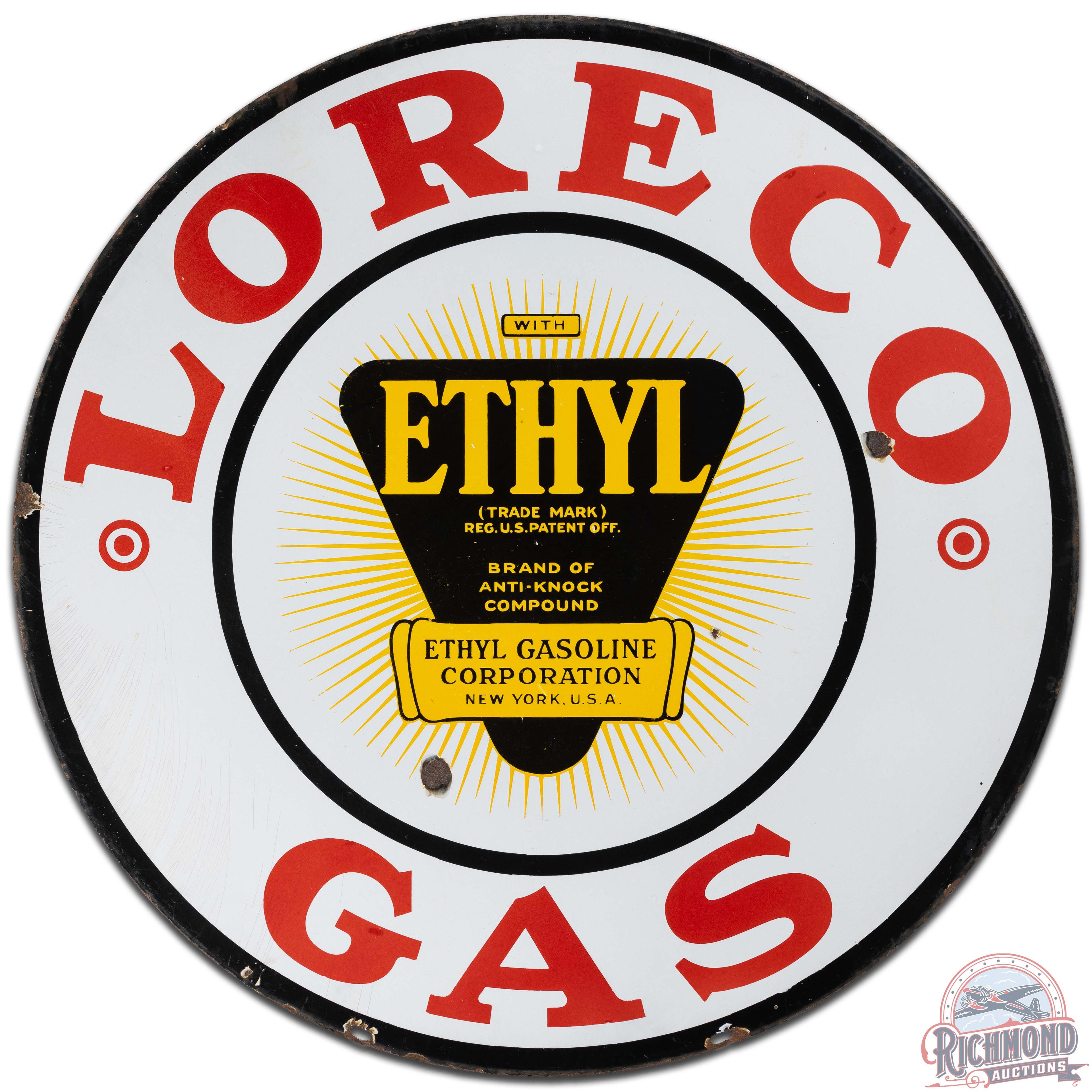 Loreco Ethyl Gas 30" DS Porcelain Sign w/ Logo