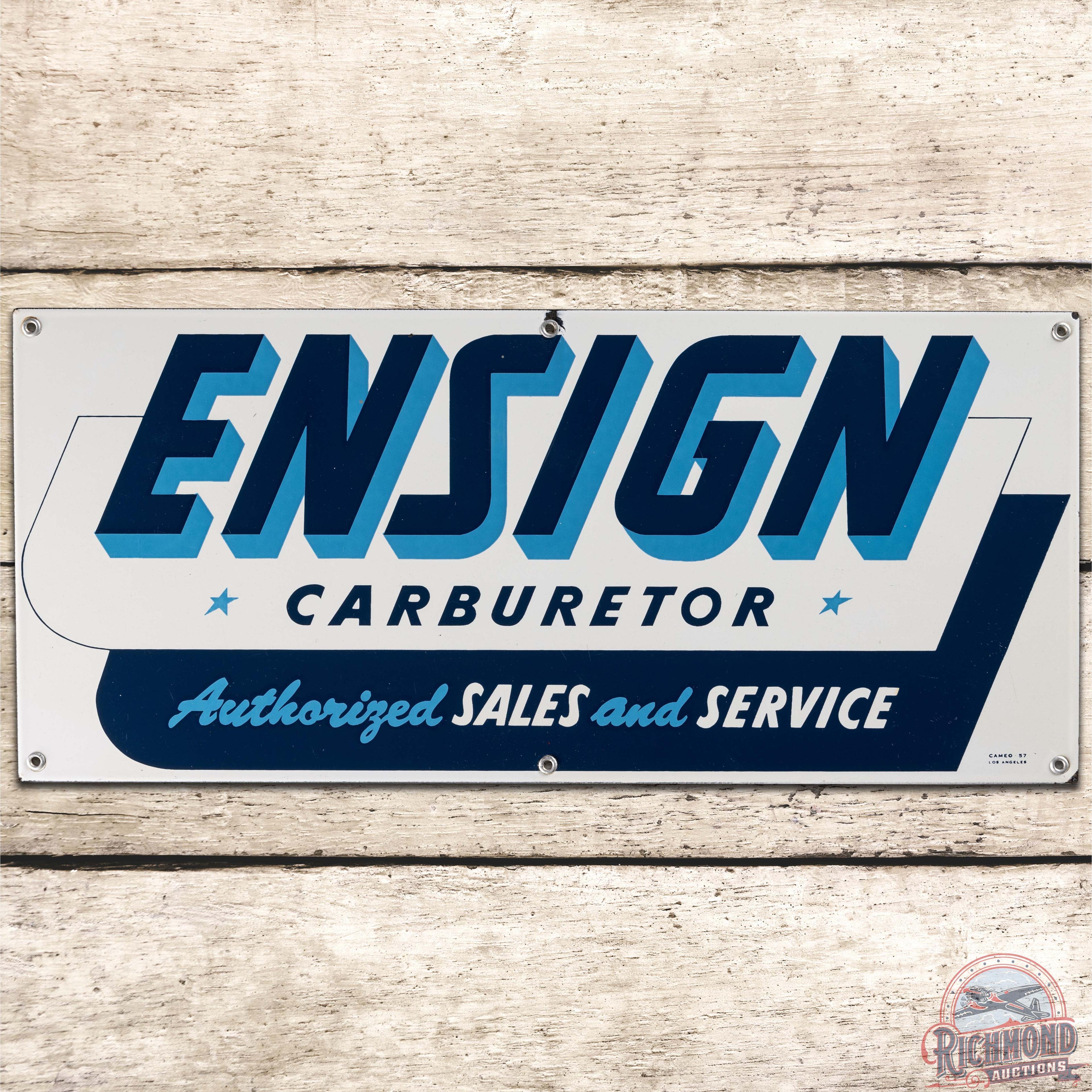 1957 Ensign Carburetor Sales & Service SS Porcelain Sign