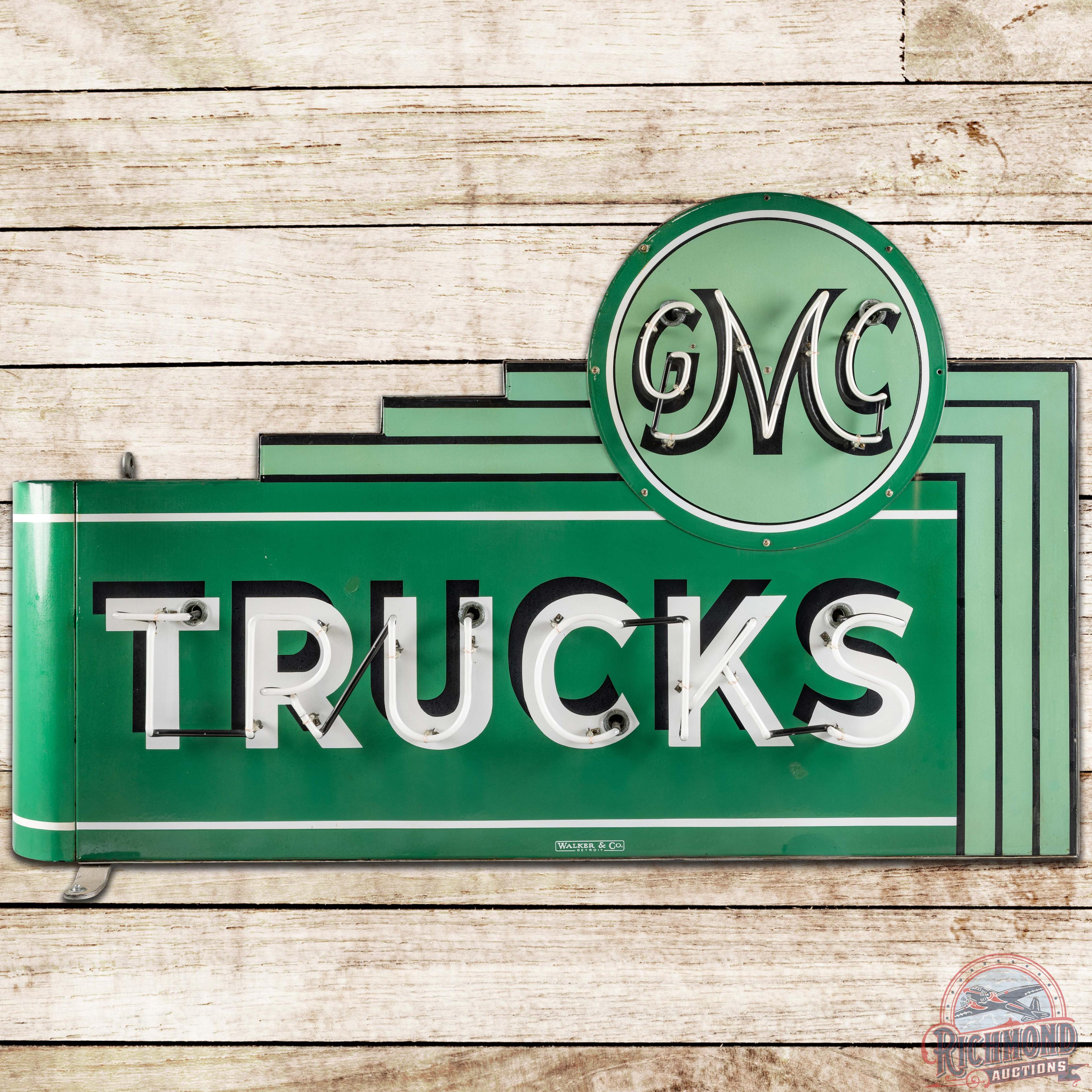 Rare GMC Trucks DS Porcelain Neon Sign w/ Drop Shade Lettering